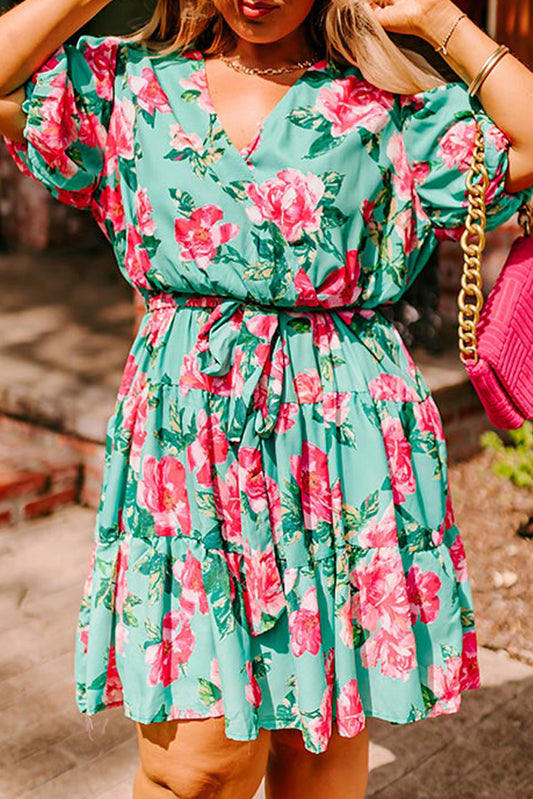 Green Floral Bubble Sleeve Surplice Ruffled Plus Size Dress-Plus Size/Plus Size Dresses/Plus Size Mini Dresses-[Adult]-[Female]-Green-1X-2022 Online Blue Zone Planet