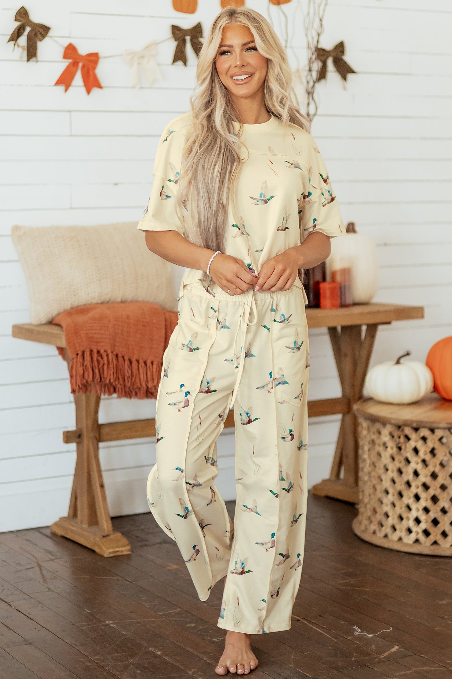 Beige Duck Print Short Sleeve Top Pocket Pants 2pcs Casual Set-Two Piece Sets/Pant Sets-[Adult]-[Female]-2022 Online Blue Zone Planet