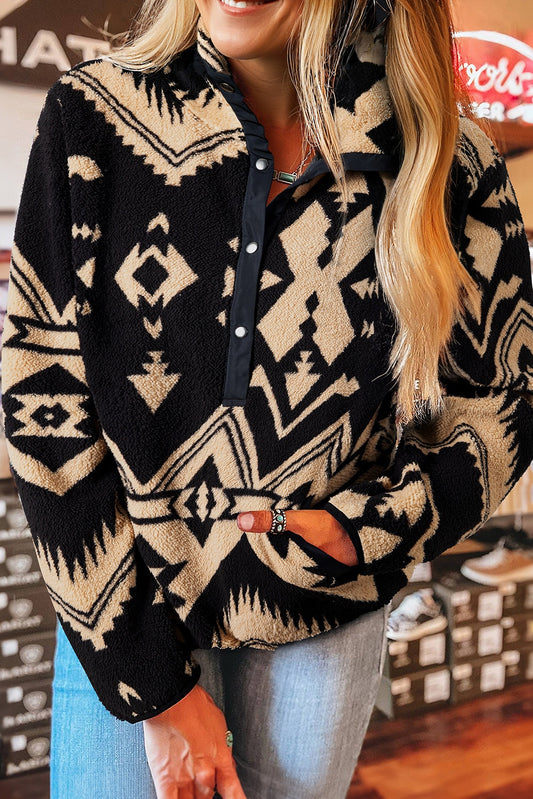 Black Western Aztec Half Zip Plush Sweatshirt-Tops/Sweatshirts & Hoodies-[Adult]-[Female]-Black-S-2022 Online Blue Zone Planet