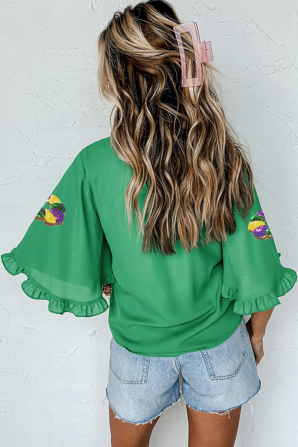 Green Sequin Doughnut Graphic Ruffled Trim Bell Sleeve Mardi Gras Blouse-Tops/Blouses & Shirts-[Adult]-[Female]-2022 Online Blue Zone Planet