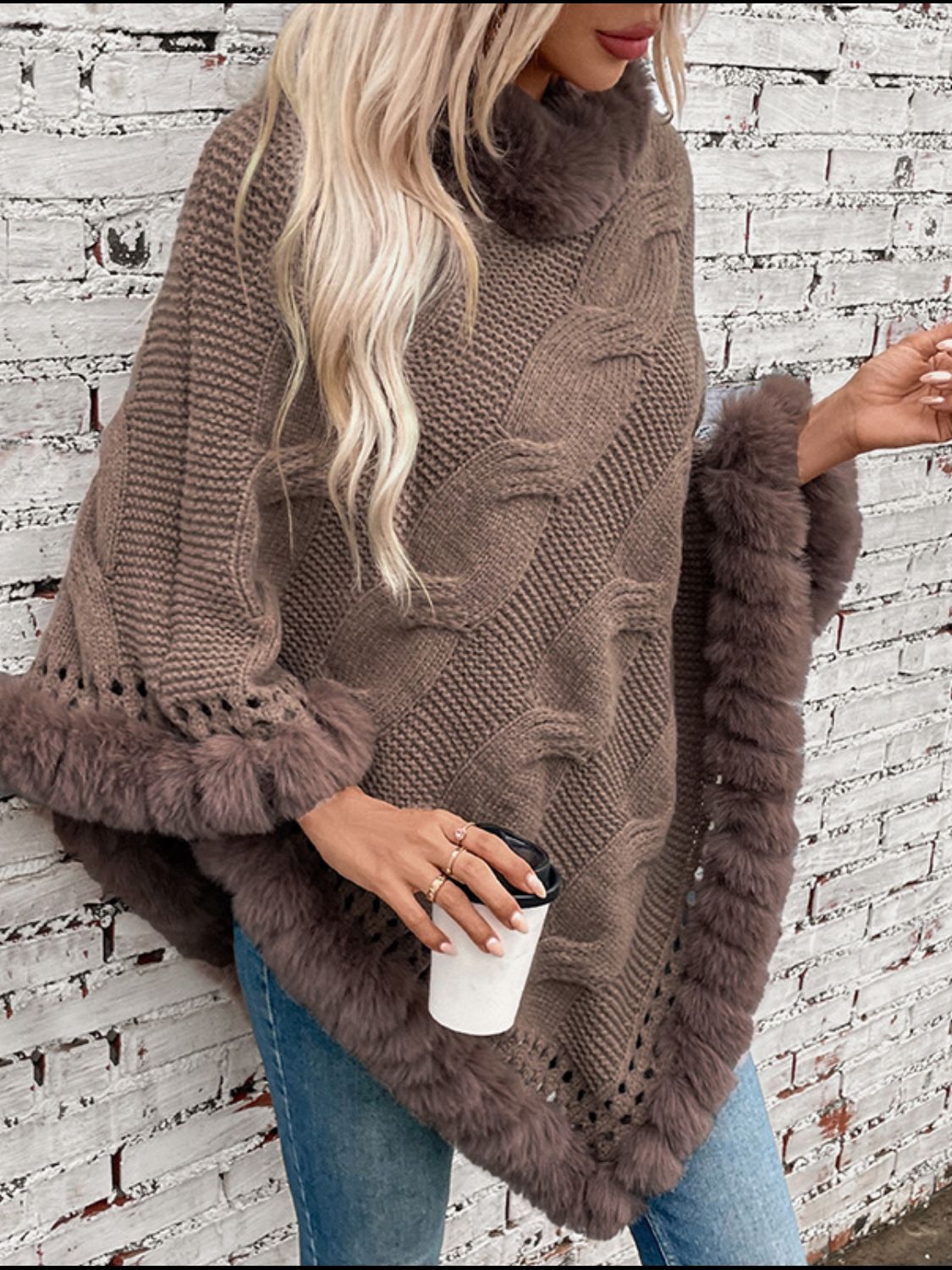 Fuzzy Hem Cable-Knit Poncho-TOPS / DRESSES-[Adult]-[Female]-2022 Online Blue Zone Planet