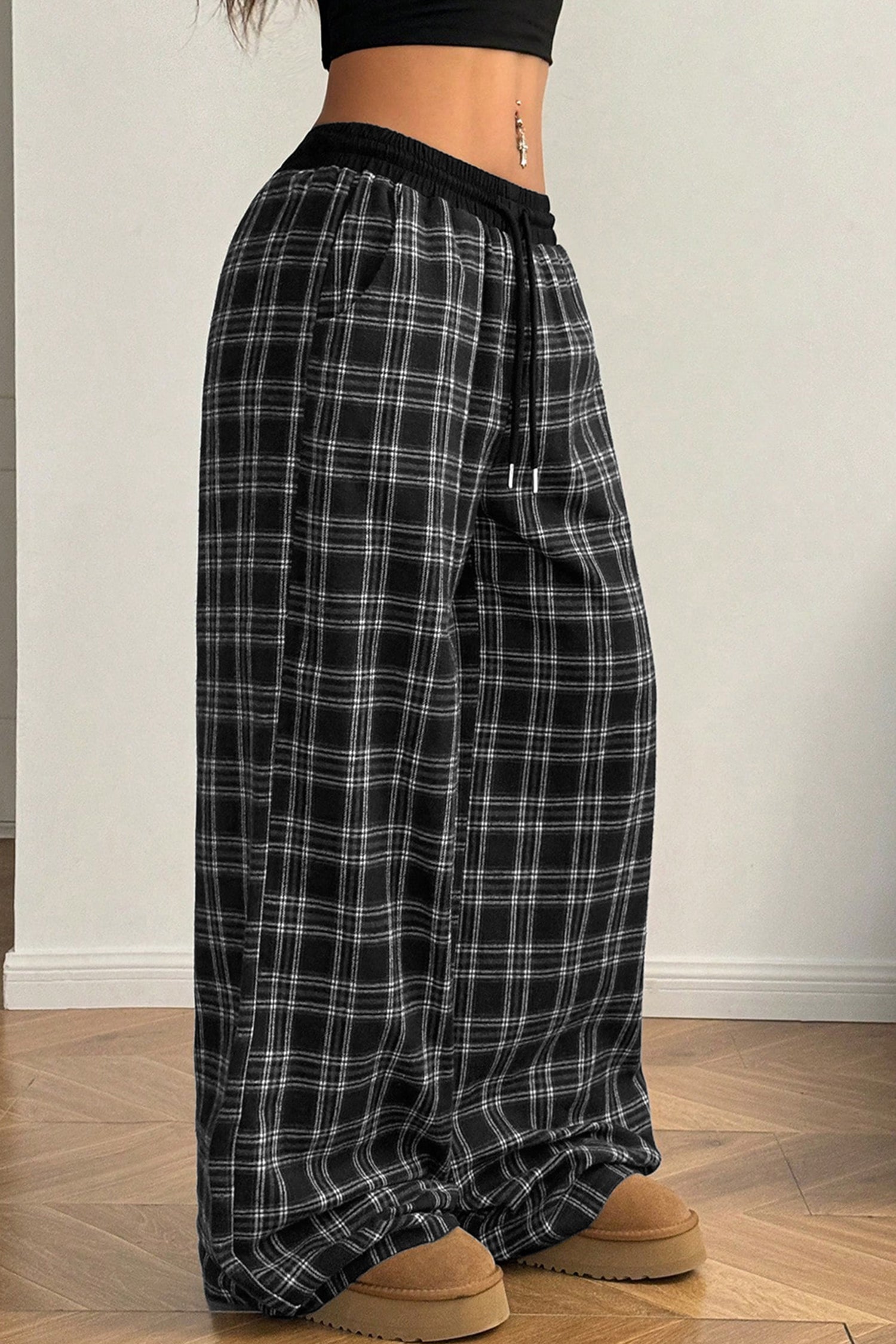 Black Frenchy Plaid Pattern Contrast Drawstring Waist Wide Leg Pants-Bottoms/Pants & Culotte-[Adult]-[Female]-2022 Online Blue Zone Planet