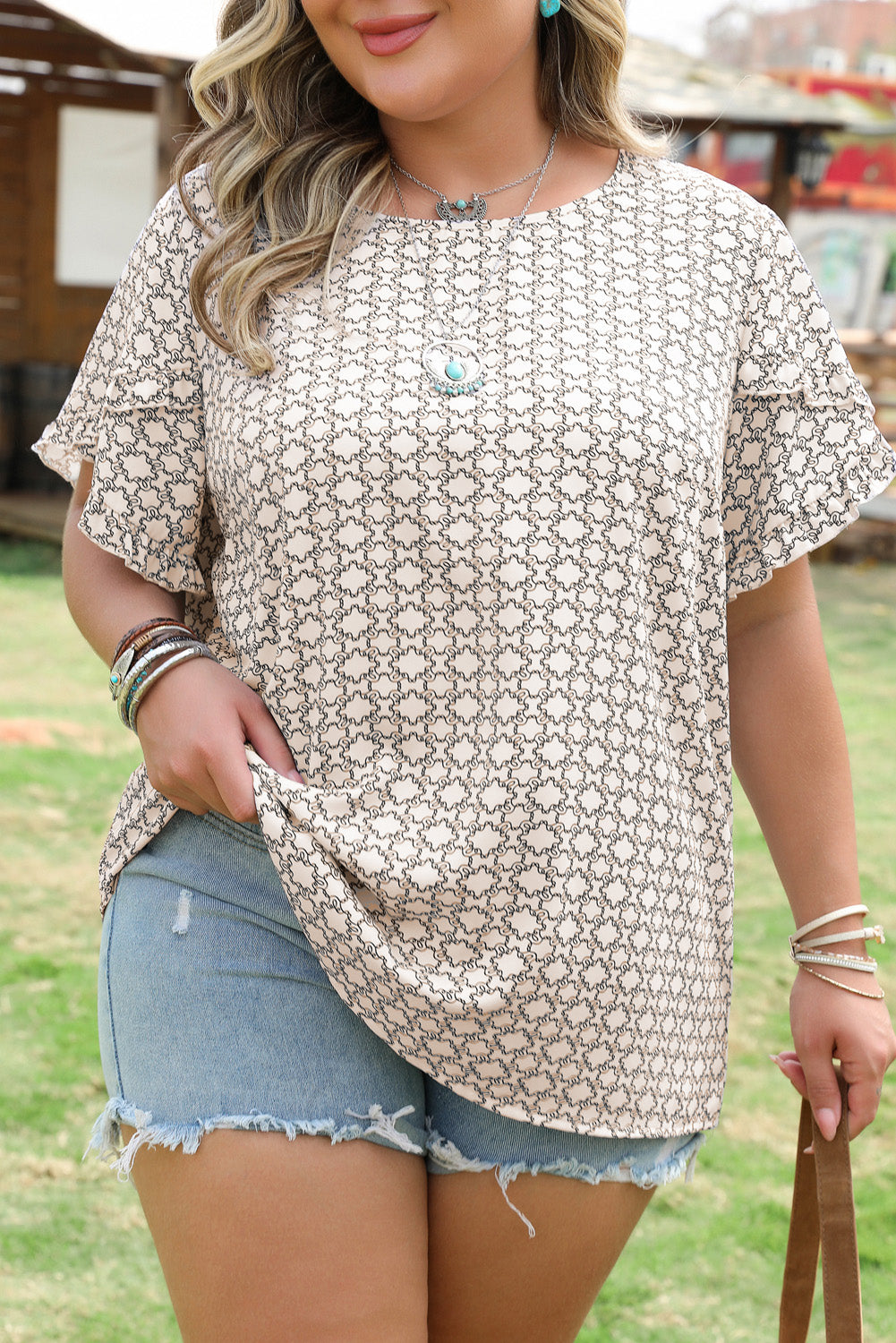 Khaki Plus Size Geometric Print Ruffled Sleeve Blouse-Plus Size/Plus Size Tops/Plus Size Blouses & Shirts-[Adult]-[Female]-2022 Online Blue Zone Planet