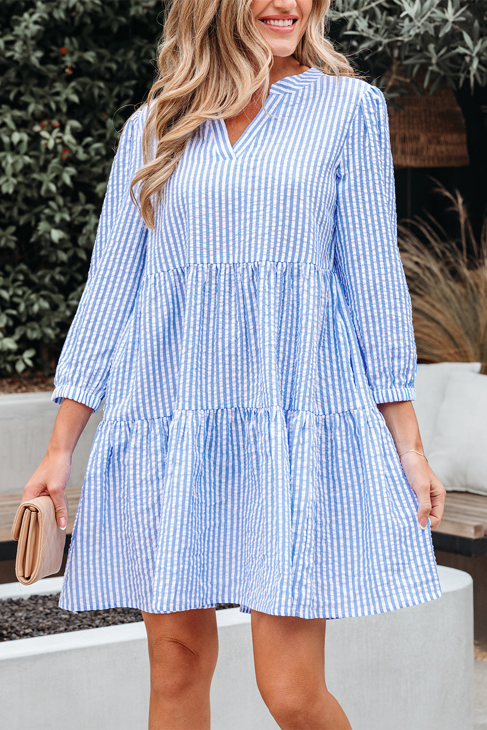 Sky Blue Stripe Bracelet Sleeve Tiered Shift Dress with Pockets-TOPS / DRESSES-[Adult]-[Female]-2022 Online Blue Zone Planet