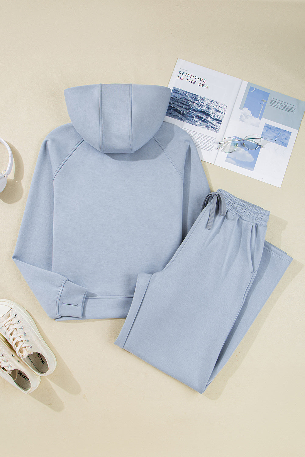 Beau Blue Half Zip Thumbhole Sleeve Hoodie Active Pants 2pcs Outfit-Tops / Dresses-[Adult]-[Female]-2022 Online Blue Zone Planet