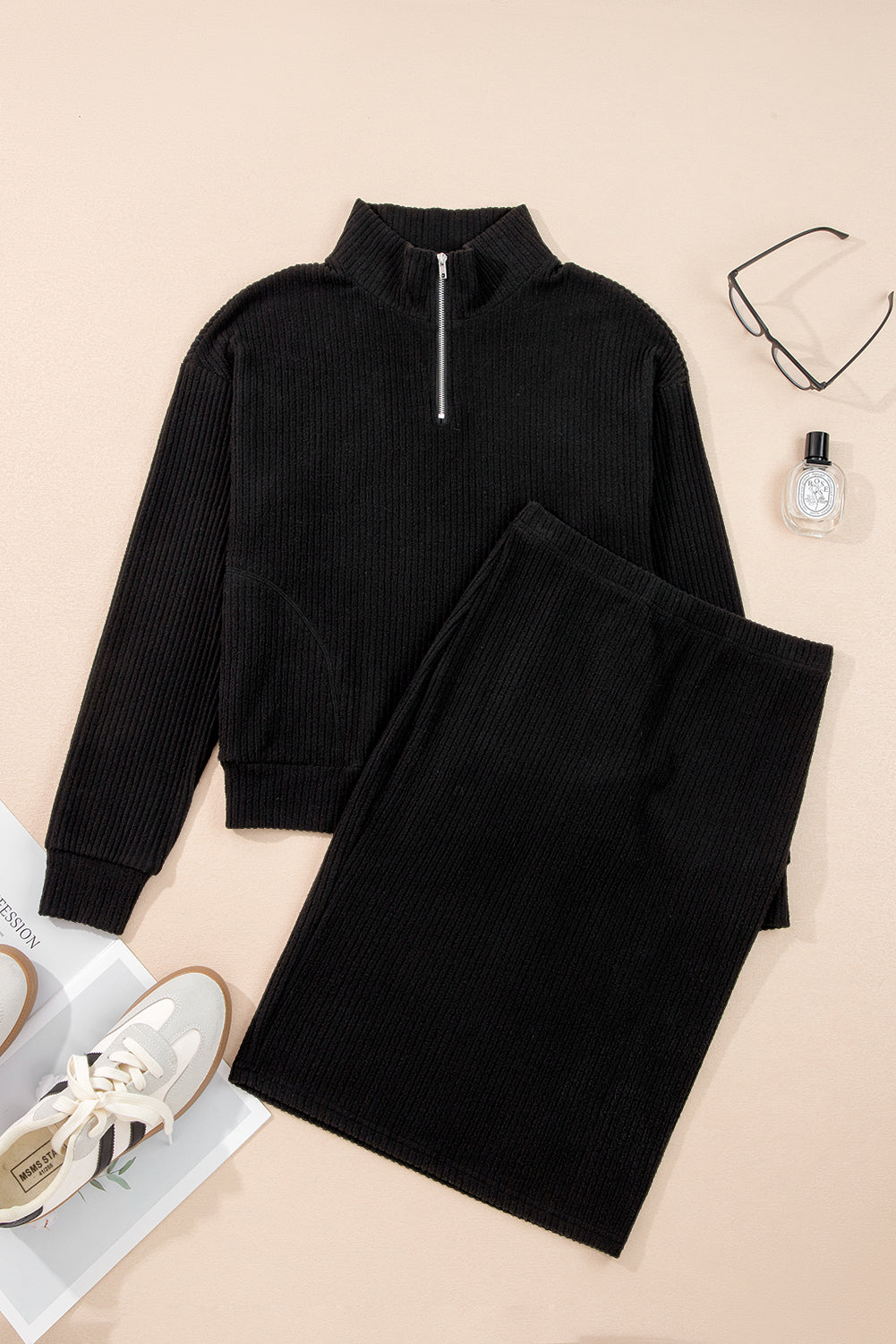 Black Ribbed Zip Stand Neck Drop Shoulder Pullover Bodycon Skirt 2pcs Set-Two Piece Sets/Two Piece Dresses-[Adult]-[Female]-2022 Online Blue Zone Planet