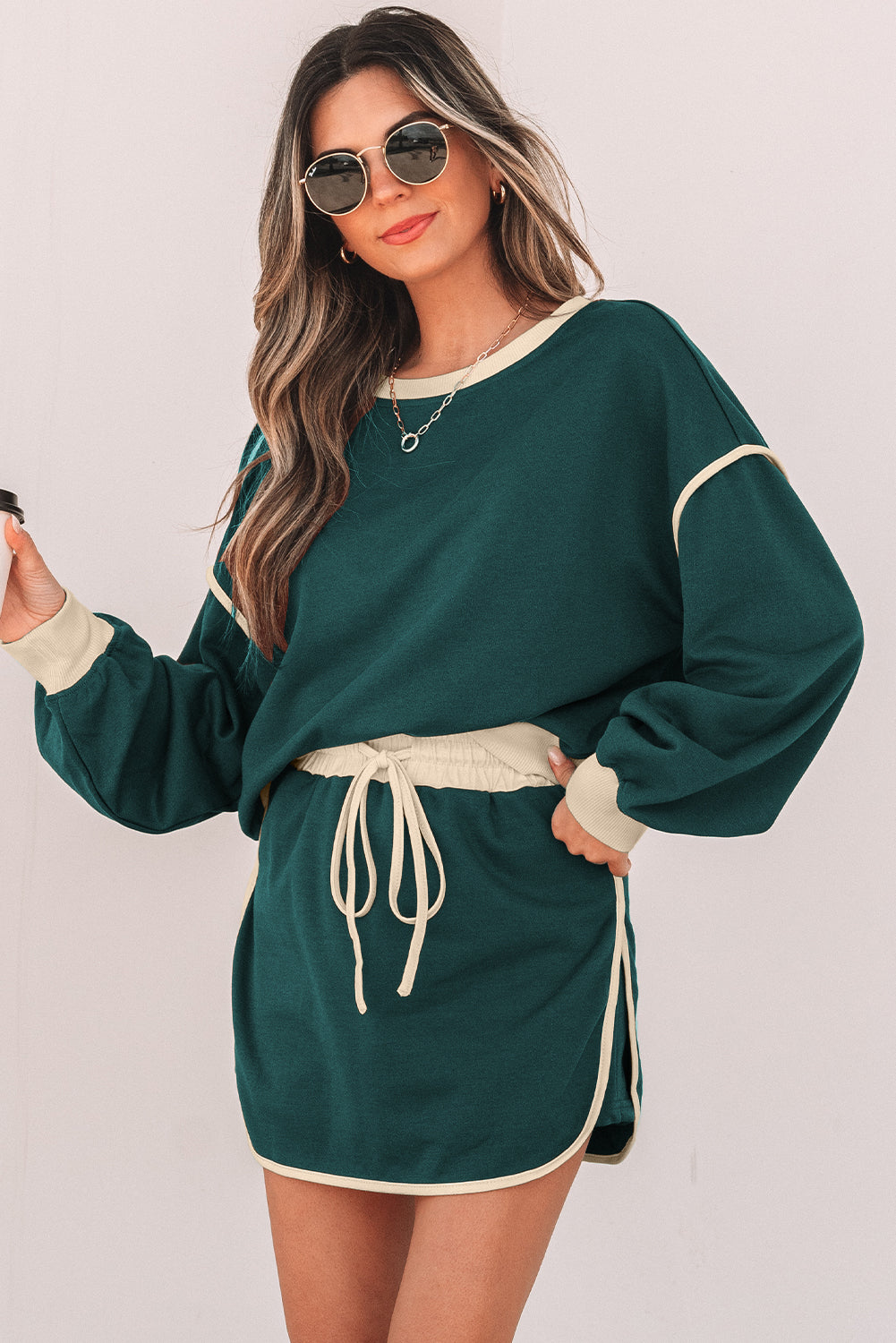 Blue Zone Planet | Rose Red Color Contrast Loose Pullover And Lace-Up Waist Skort Set-Two Piece Sets/Two Piece Dresses-[Adult]-[Female]-2022 Online Blue Zone Planet
