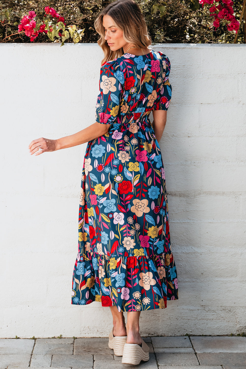 Green Retro Floral Printed Split Neck Maxi Dress Blue Zone Planet