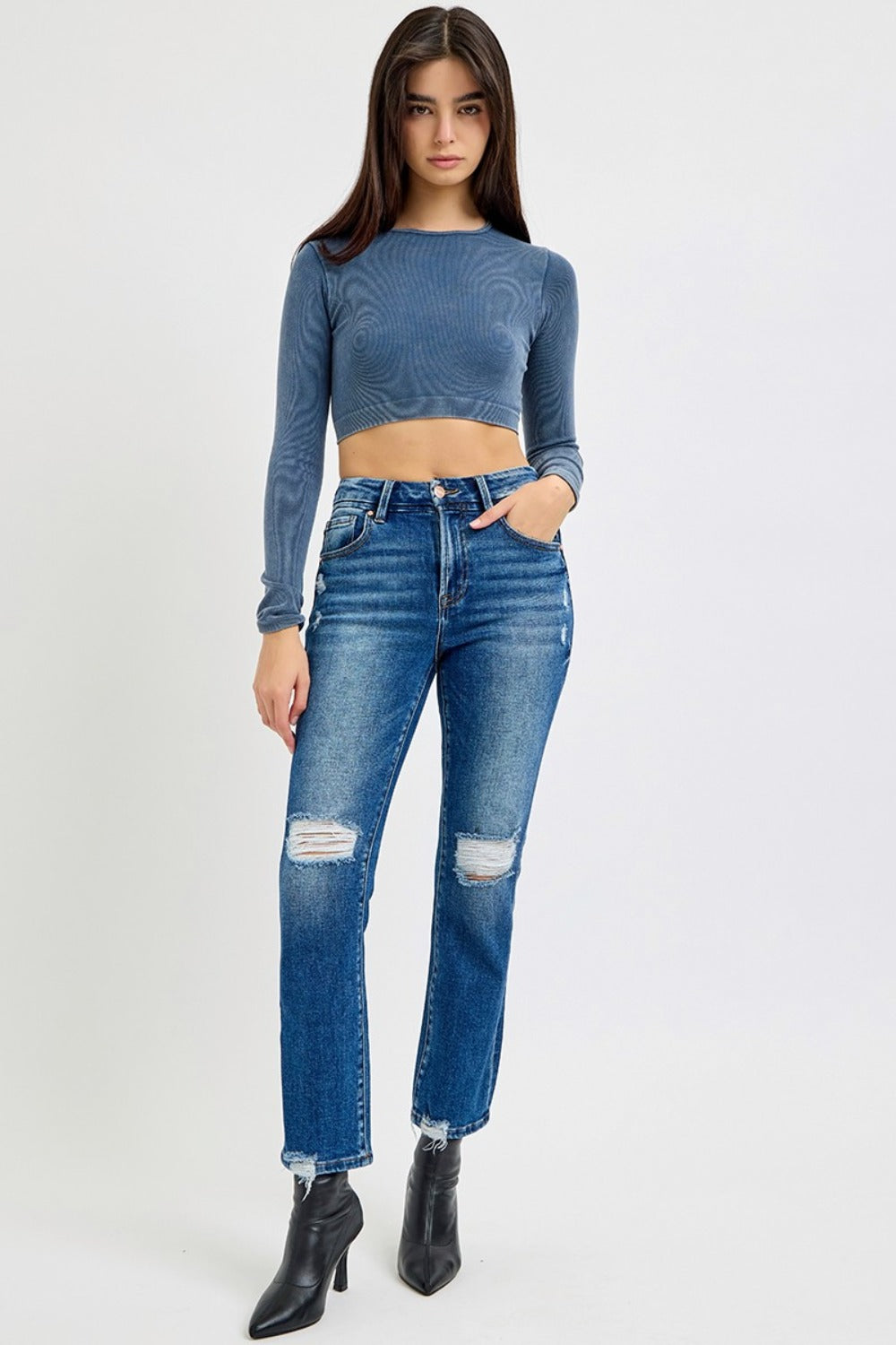 RISEN Full Size High Rise Distressed Crop Straight Jeans-BOTTOMS SIZES SMALL MEDIUM LARGE-[Adult]-[Female]-2022 Online Blue Zone Planet