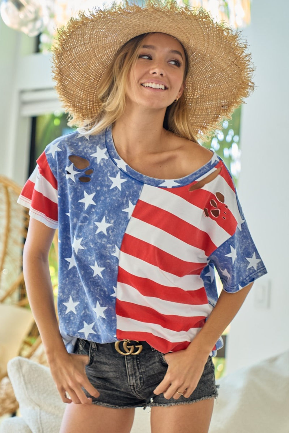 BiBi American Flag Theme Short Sleeve T-Shirt-TOPS / DRESSES-[Adult]-[Female]-Navy/Red-S-2022 Online Blue Zone Planet