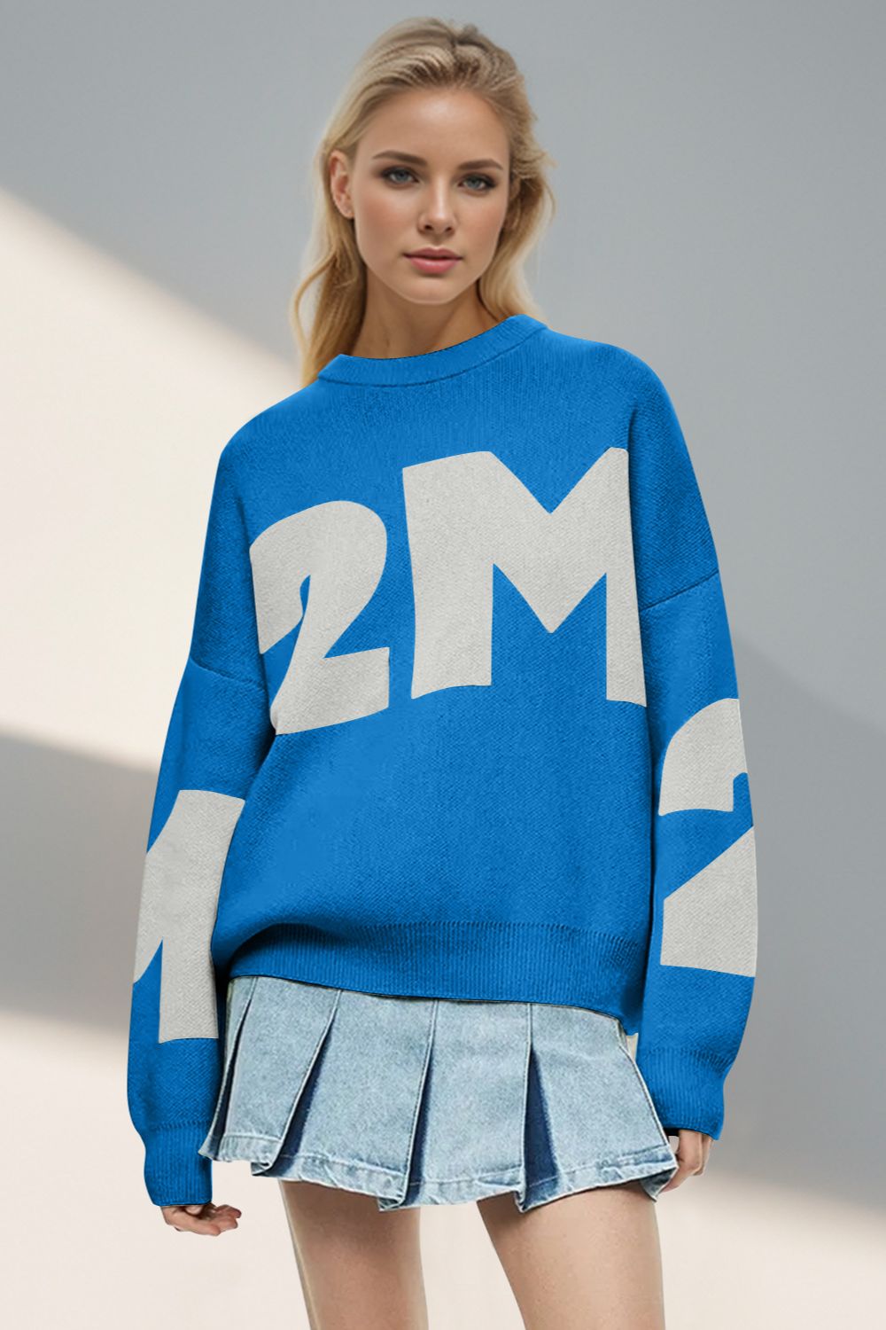 Basic Bae Contrast Letter Round Neck Long Sleeve Sweater-TOPS / DRESSES-[Adult]-[Female]-Blue-One Size-2022 Online Blue Zone Planet