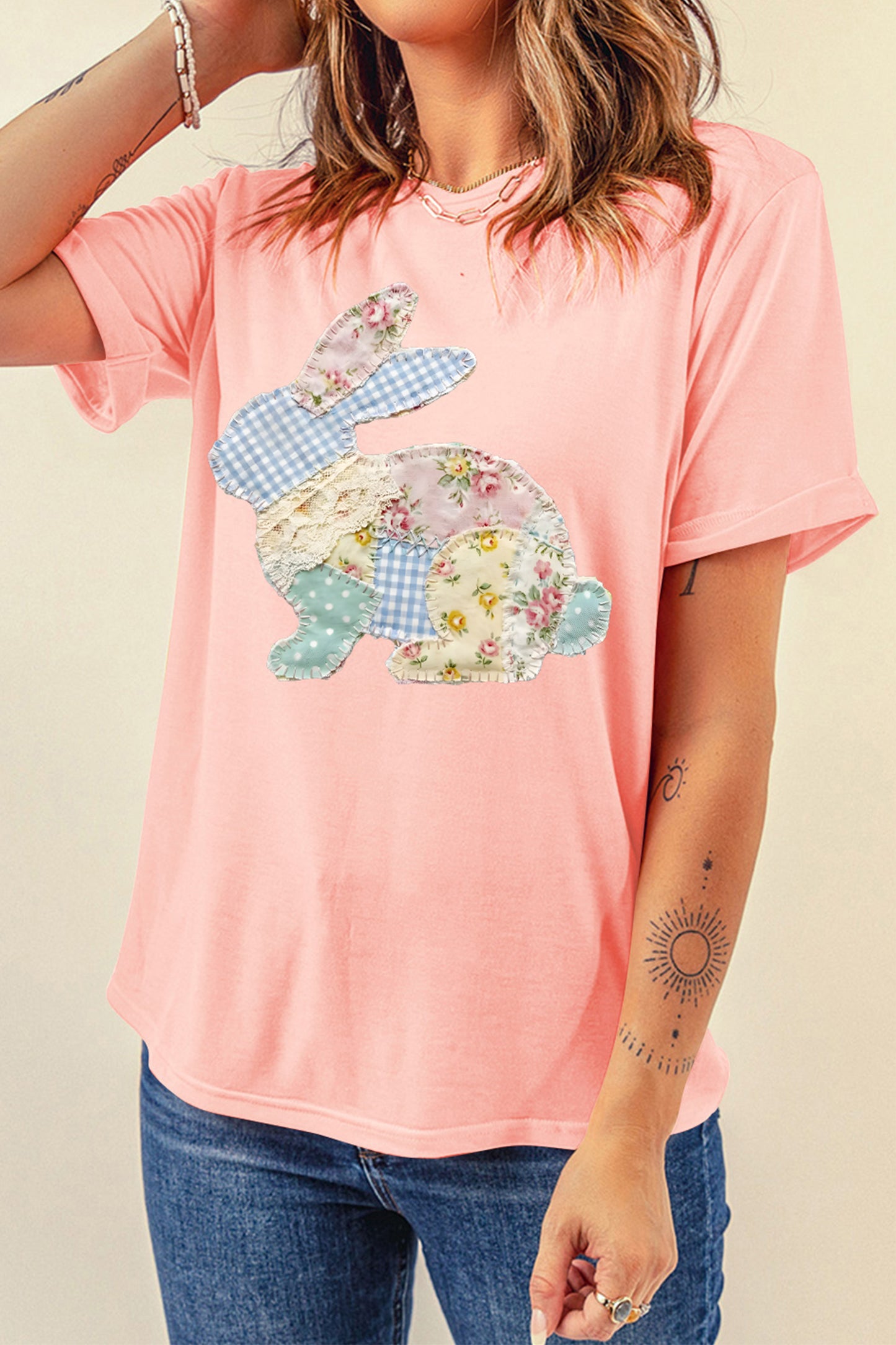 Pink Vibrant Easter Bunny Patchwork Printed T Shirt-Graphic/Graphic Tees-[Adult]-[Female]-2022 Online Blue Zone Planet