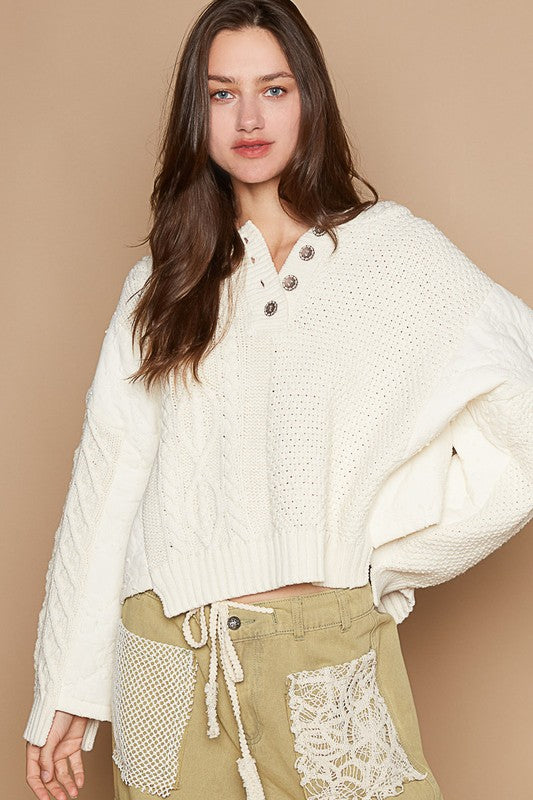 Blue Zone Planet | POL Cable-Knit Quarter Button Hooded Sweater-Tops / Dresses-[Adult]-[Female]-Beige-S-2022 Online Blue Zone Planet