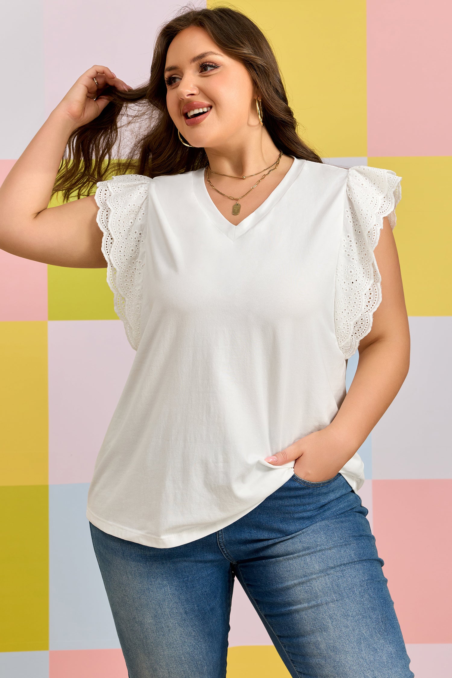 White Eyelet Crochet Splicing Short Sleeve Plus Size Tee-Plus Size/Plus Size Tops/Plus Size Tops & Tees-[Adult]-[Female]-2022 Online Blue Zone Planet
