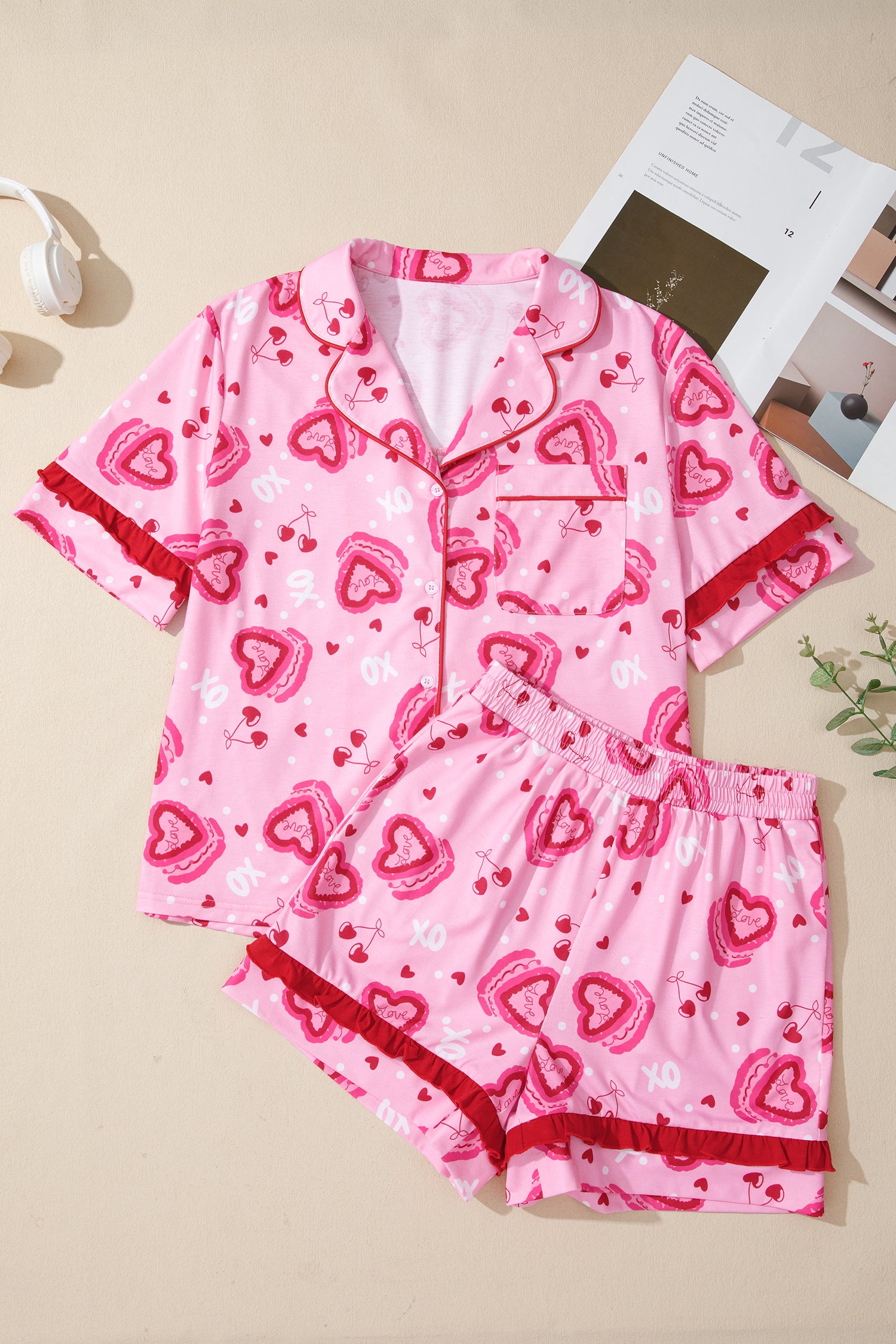 Pink Sweet Heart Cake Print Contrast Ruffle Trim Valentines 2pcs Pajama Set-Loungewear & Sleepwear/Sleepwear-[Adult]-[Female]-2022 Online Blue Zone Planet