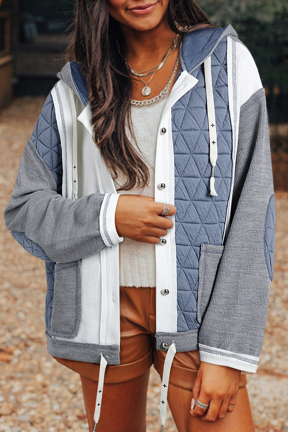 Blue Zone Planet | Light Blue Quilted Textured Patchwork Loose Fit Hooded Jacket-Outerwear/Jackets-[Adult]-[Female]-Light Blue-S-2022 Online Blue Zone Planet