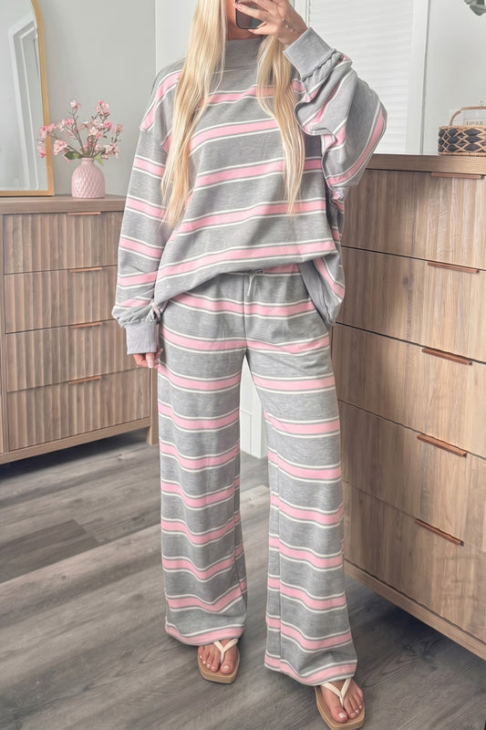 Pink Stripe Mock Neck Long Sleeve Pullover Top and Loose Pants Set-Two Piece Sets/Pant Sets-[Adult]-[Female]-Pink Stripe-S-2022 Online Blue Zone Planet