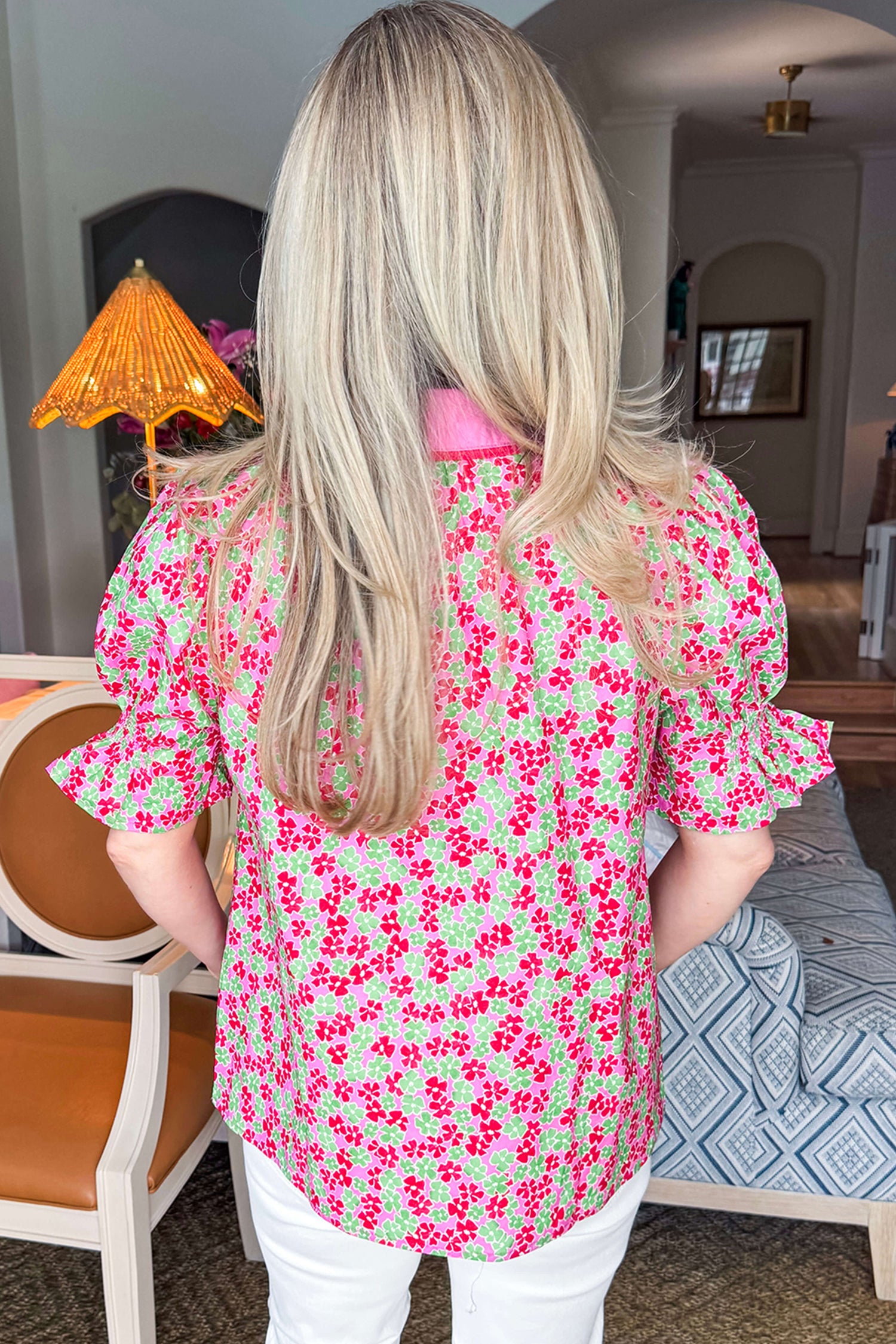 Rose Blooms Floral Collared V Neck Short Puff Sleeve Blouse Top-Tops/Blouses & Shirts-[Adult]-[Female]-2022 Online Blue Zone Planet