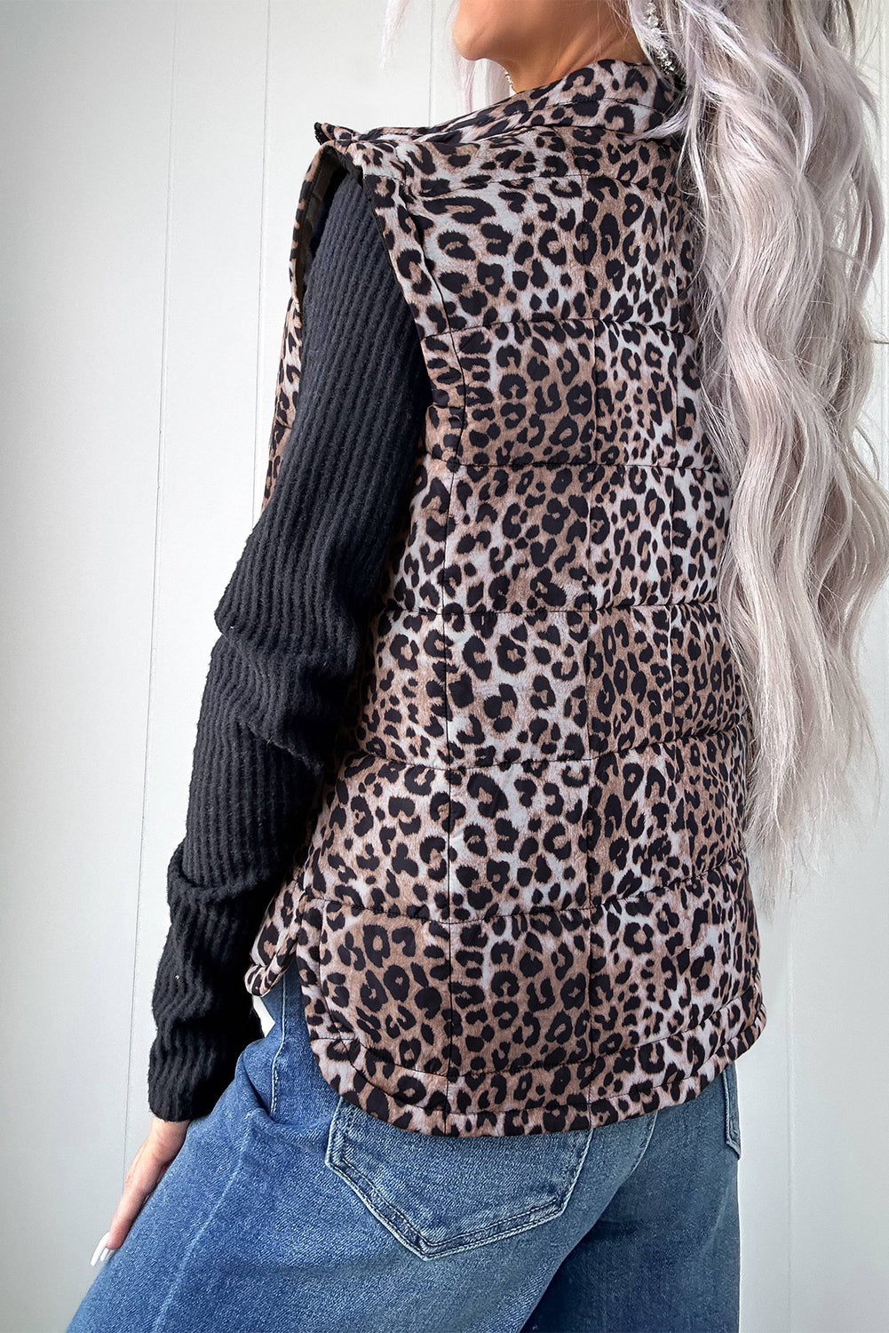 Brown Leopard Quilted Full Zipper Casual Puff Vest-Outerwear/Vests-[Adult]-[Female]-2022 Online Blue Zone Planet