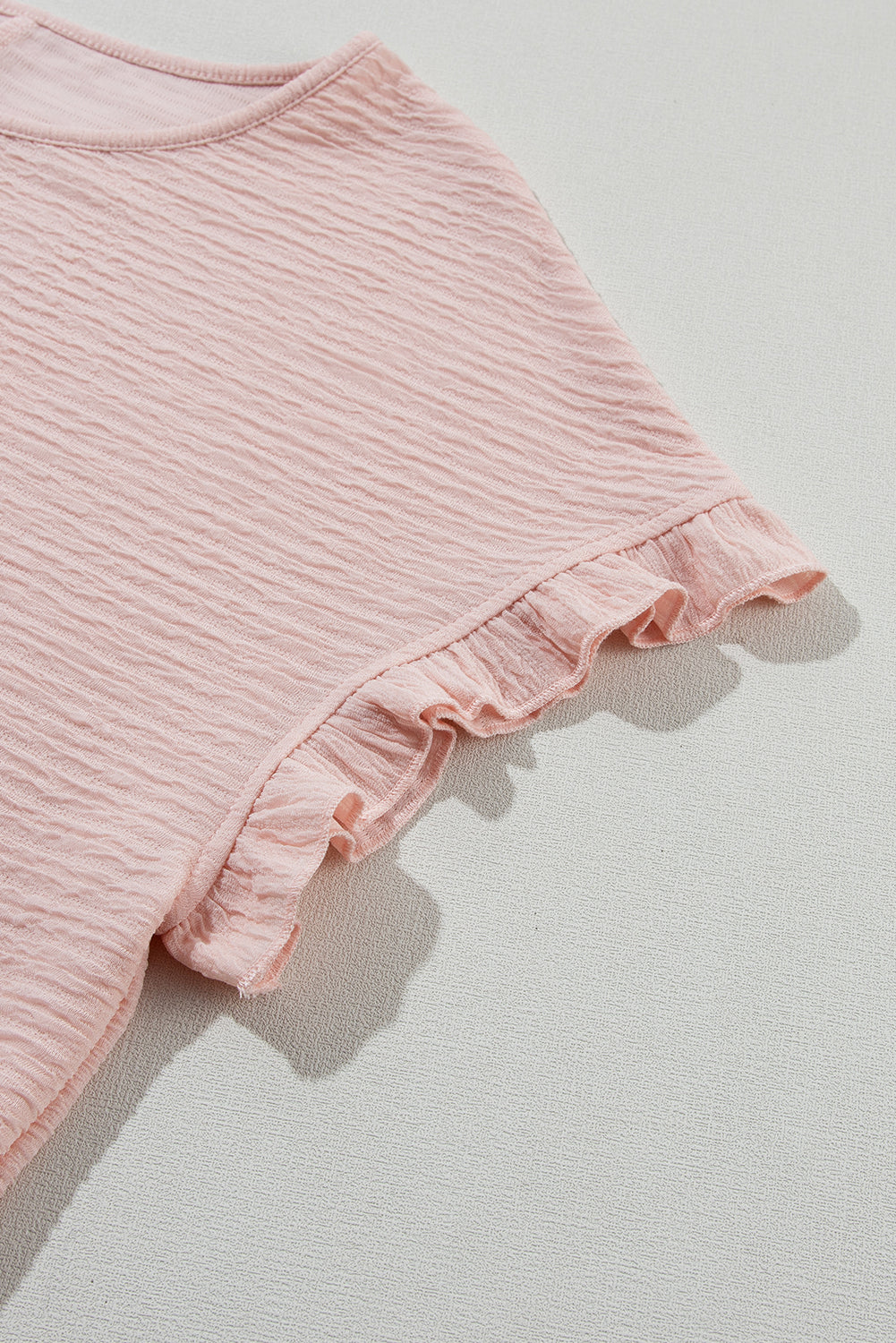 Light Pink Solid Textured Ruffled Short Sleeve Blouse-Tops/Blouses & Shirts-[Adult]-[Female]-2022 Online Blue Zone Planet