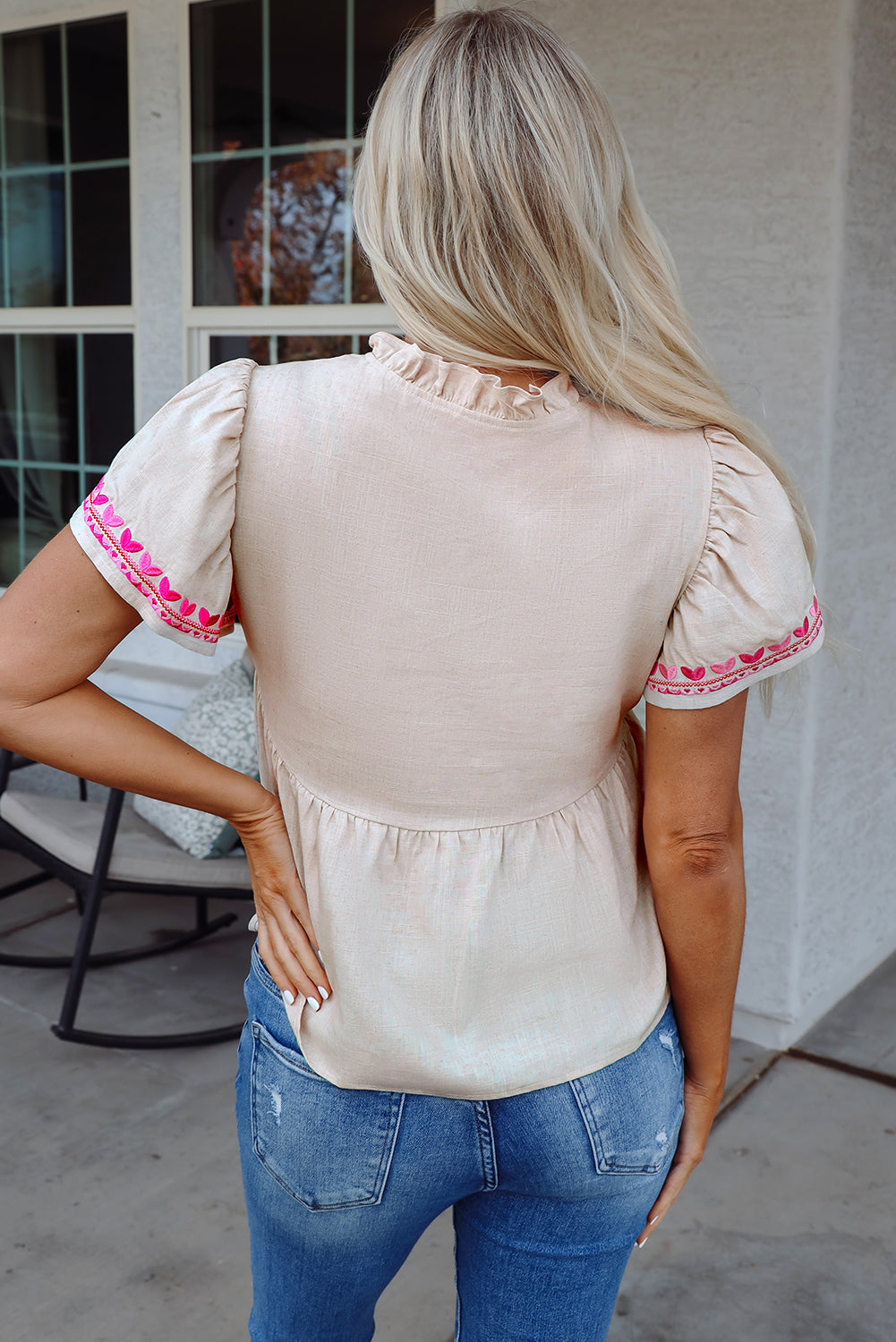 Beige Floral Embroidered Short Sleeve Notched V Neck Blouse-Tops/Blouses & Shirts-[Adult]-[Female]-2022 Online Blue Zone Planet