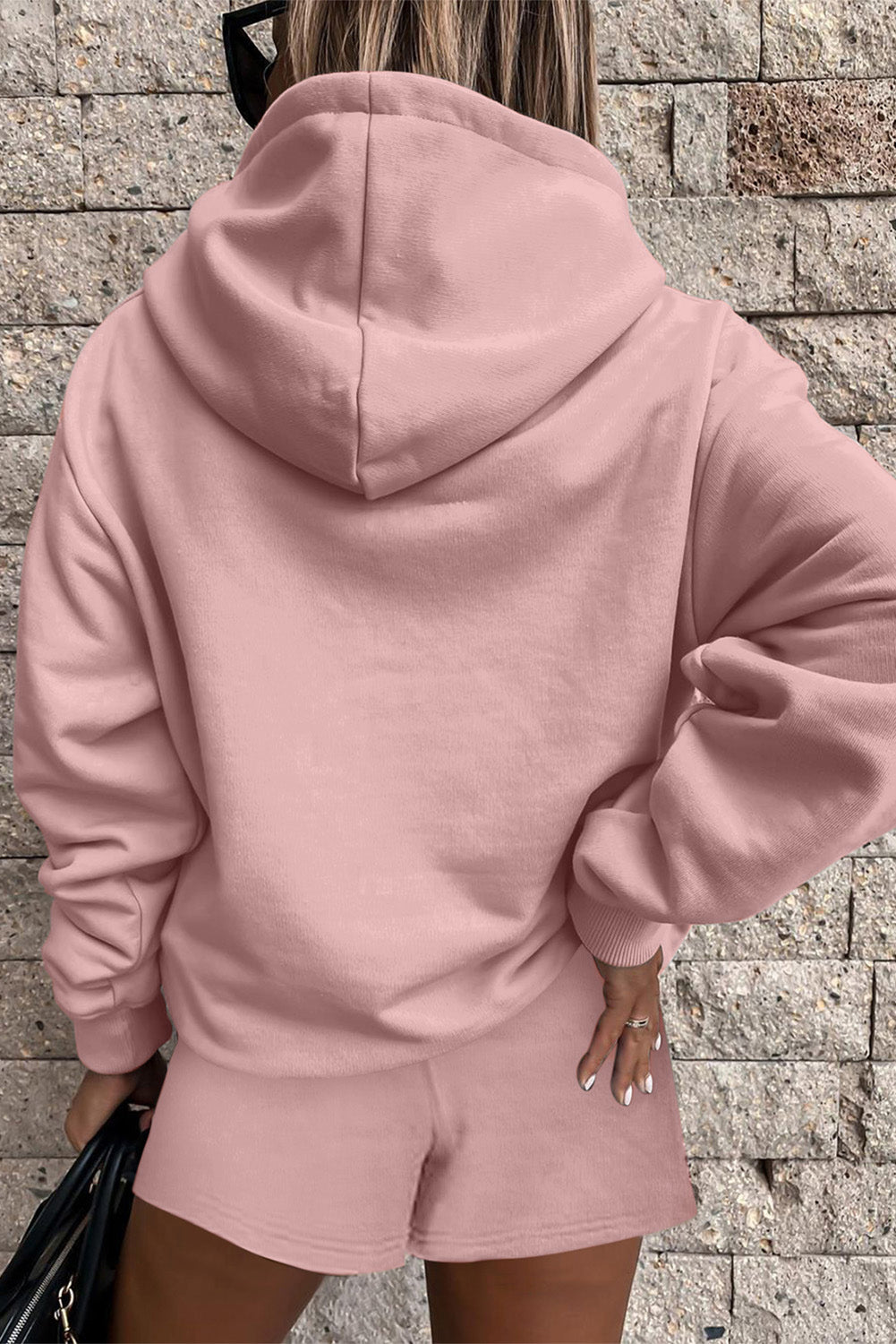 Peach Blossom Button Drawstring Hooded Pullover and Casual Short Set-Tops / Dresses-[Adult]-[Female]-2022 Online Blue Zone Planet