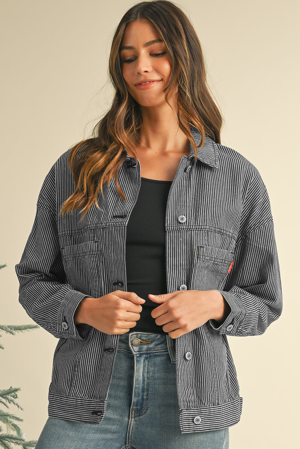 Blue Zone Planet | Sky Blue Stripe Washed Oversized Pocketed Denim Jacket-Jackets-[Adult]-[Female]-2022 Online Blue Zone Planet