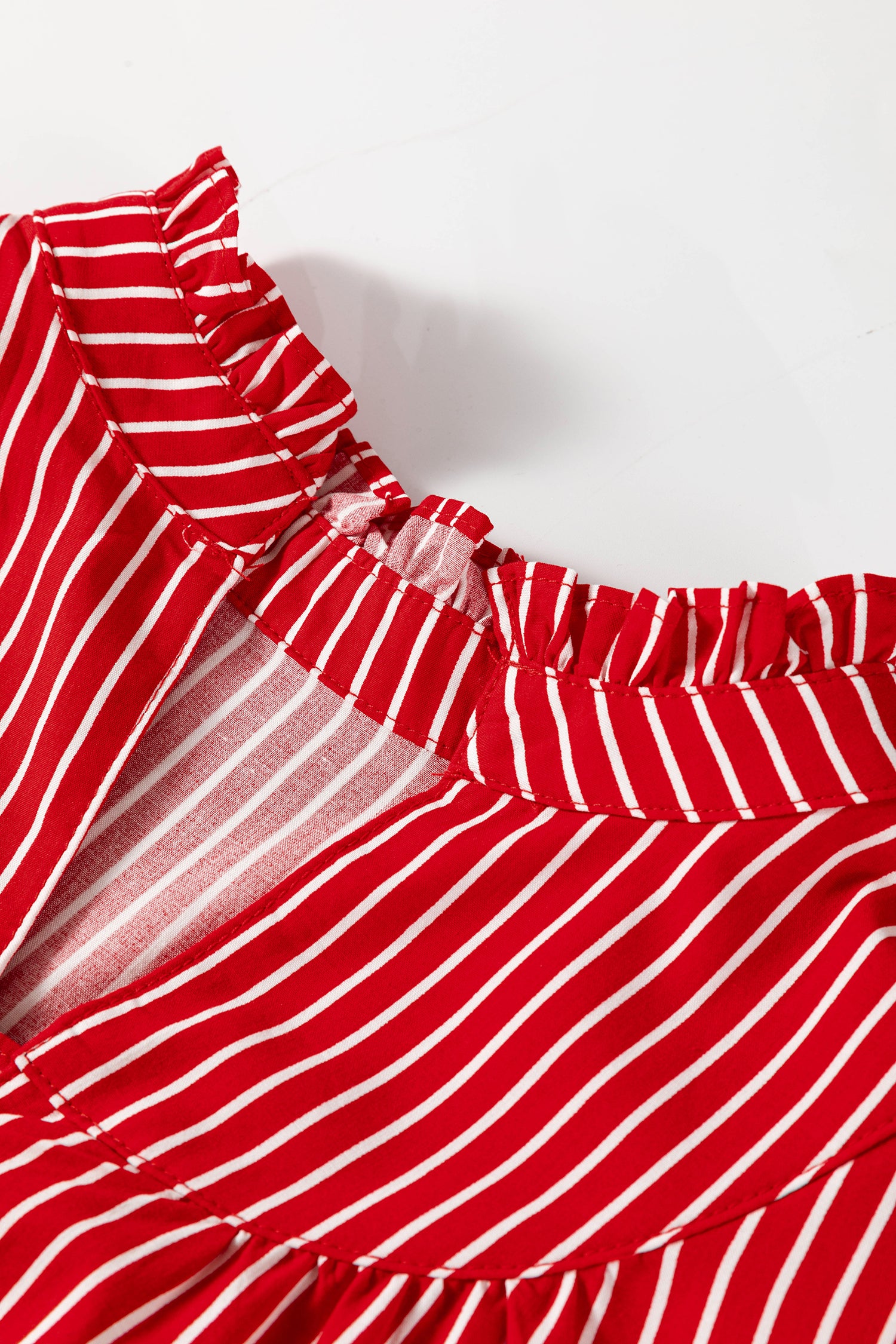 Red Stripe Ruffled Short Puff Sleeve Button Front Blouse-Tops/Blouses & Shirts-[Adult]-[Female]-2022 Online Blue Zone Planet