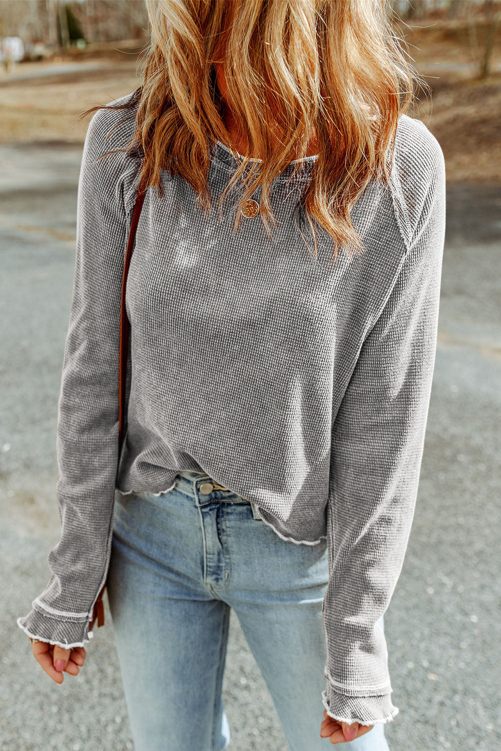 Gray Textured Round Neck Long Sleeve Top-Tops/Long Sleeve Tops-[Adult]-[Female]-Gray-XS-2022 Online Blue Zone Planet