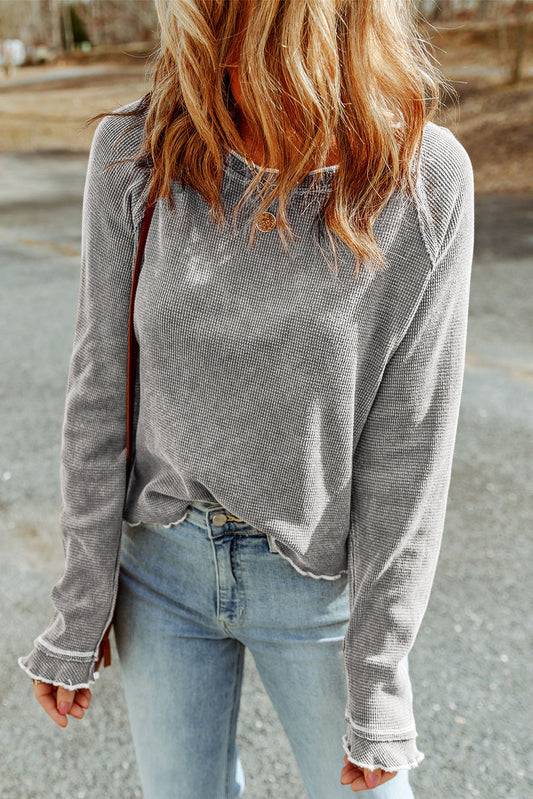 Gray Textured Round Neck Long Sleeve Top-Tops/Long Sleeve Tops-[Adult]-[Female]-Gray-XS-2022 Online Blue Zone Planet