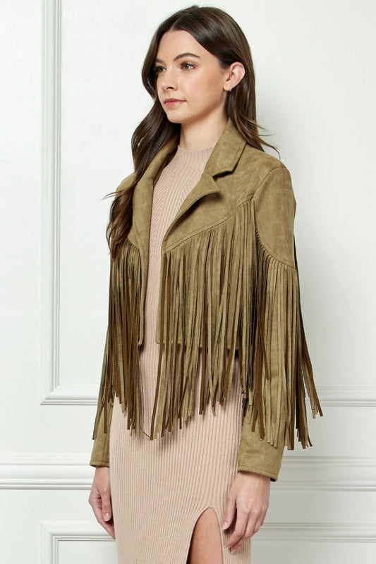 Veveret Suede Fringe Long Sleeve Moto Jacket-TOPS / DRESSES-[Adult]-[Female]-OLIVE-S-2022 Online Blue Zone Planet