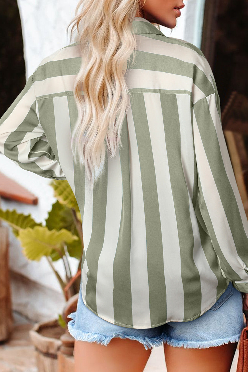 Green Striped Soft Relaxed Button Up Shirt-Tops/Blouses & Shirts-[Adult]-[Female]-2022 Online Blue Zone Planet