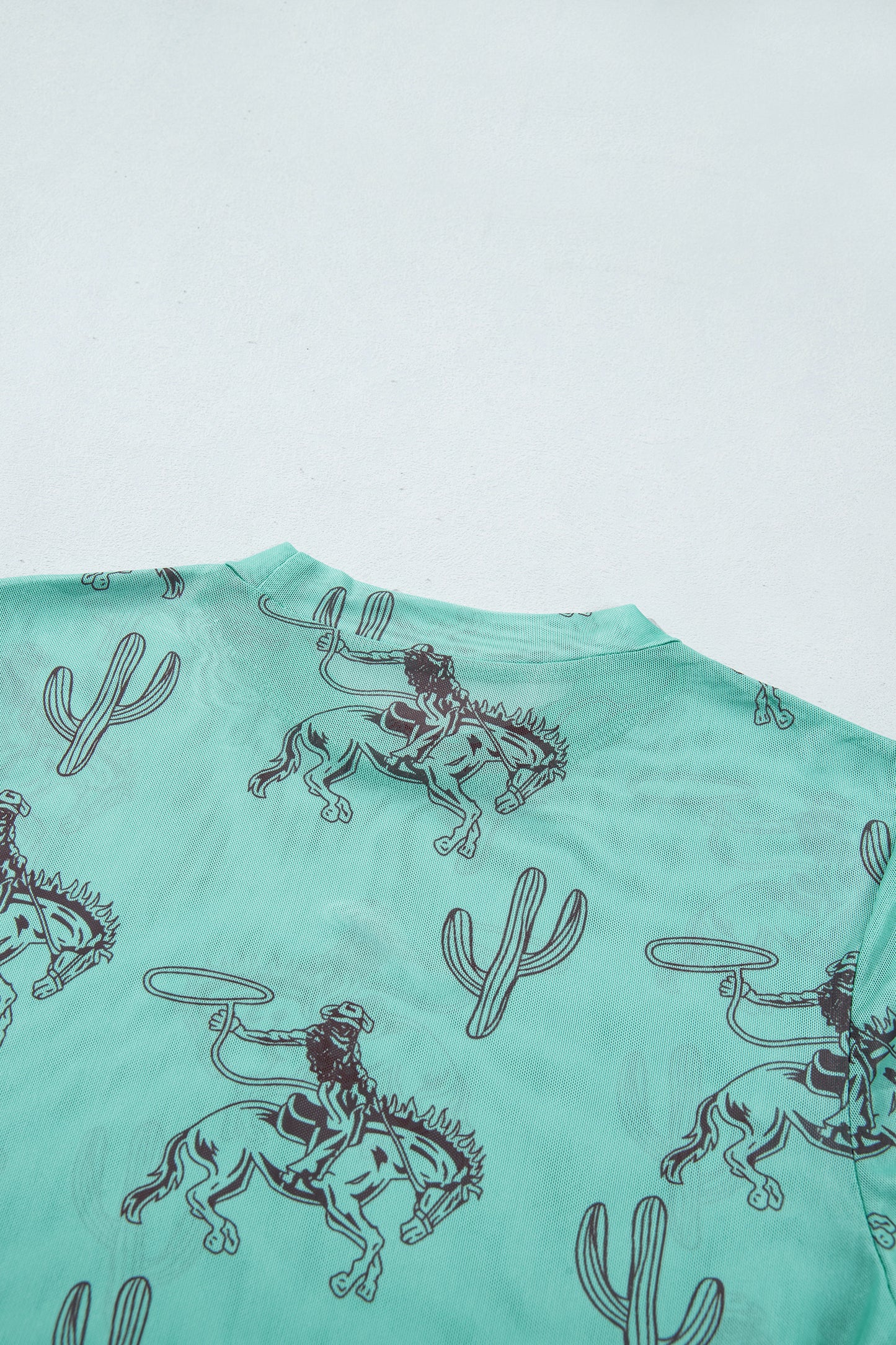Aruba Blue Western Print High Neck Long Sleeve Sheath Mesh Top-Tops/Long Sleeve Tops-[Adult]-[Female]-2022 Online Blue Zone Planet