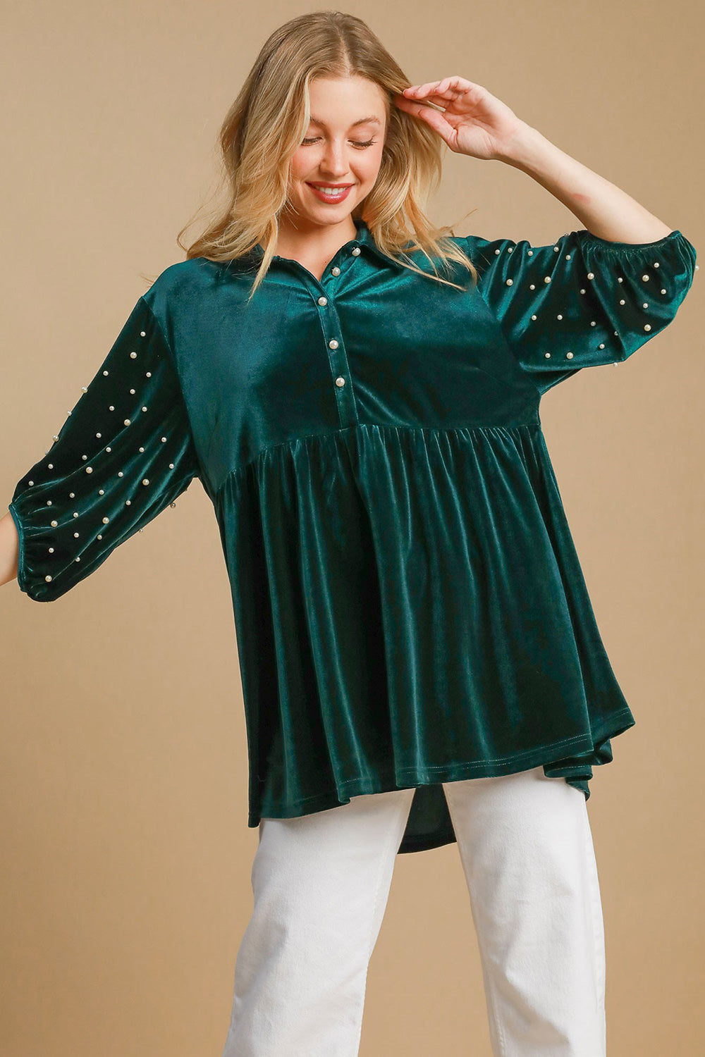 Umgee Pearl Detail Half Sleeve Velvet Babydoll Blouse-TOPS / DRESSES-[Adult]-[Female]-2022 Online Blue Zone Planet