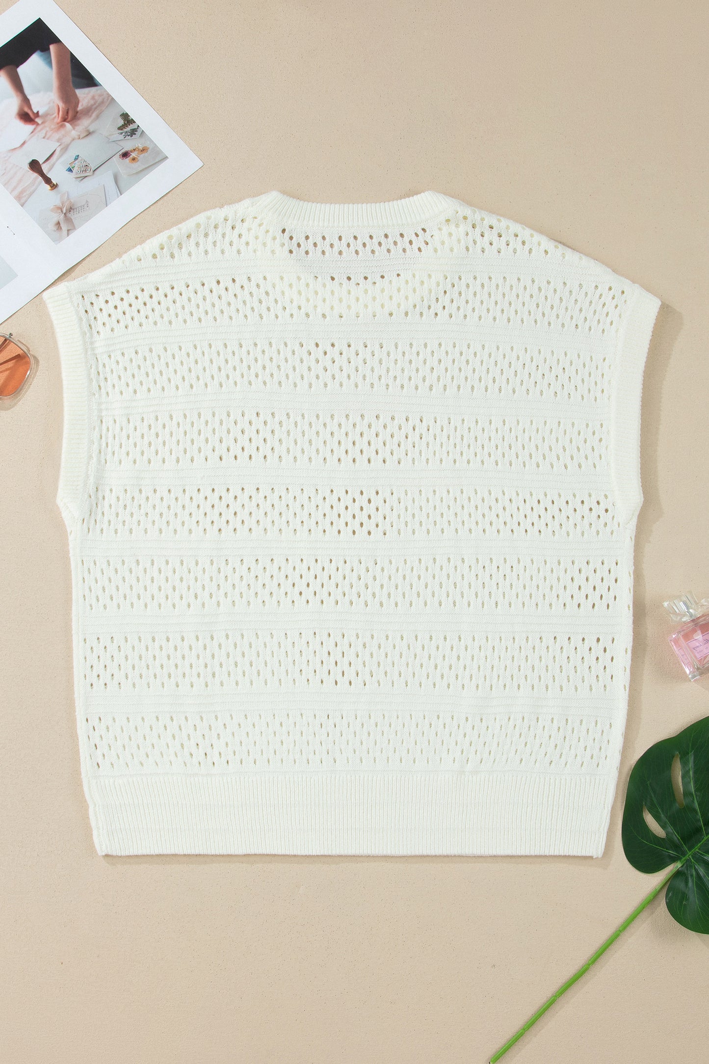 White Plus Size Eyelet Hollow Out Knit Ribbed Trim Short Sleeve Dolman Sweater-Plus Size/Plus Size Sweaters & Cardigans-[Adult]-[Female]-2022 Online Blue Zone Planet