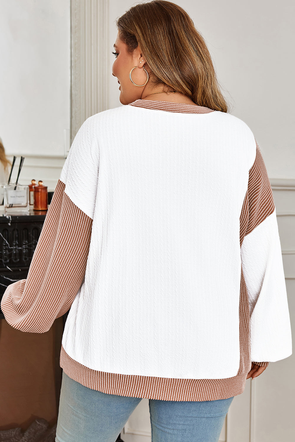 White Cable Texture Ribbed Color Block Plus Size Knit Top-Plus Size/Plus Size Tops/Plus Size Long Sleeve Tops-[Adult]-[Female]-2022 Online Blue Zone Planet