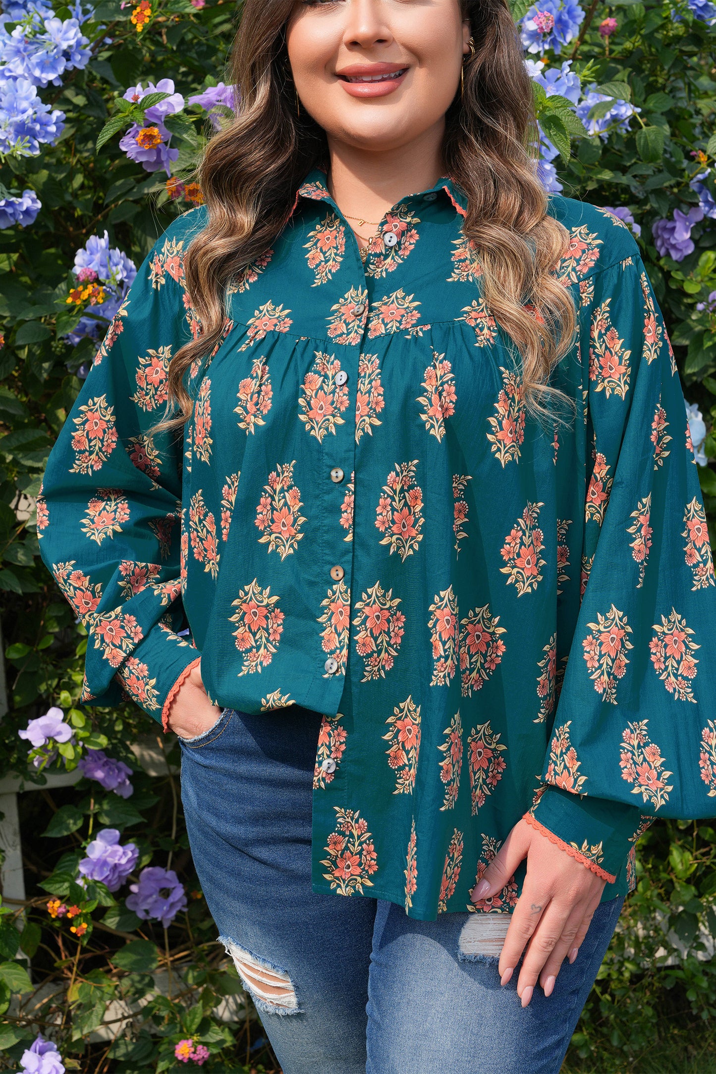 Green Plus Size Floral Print Contrast Lacy Trim Pleated Loose Shirt-Plus Size/Plus Size Tops/Plus Size Blouses & Shirts-[Adult]-[Female]-2022 Online Blue Zone Planet
