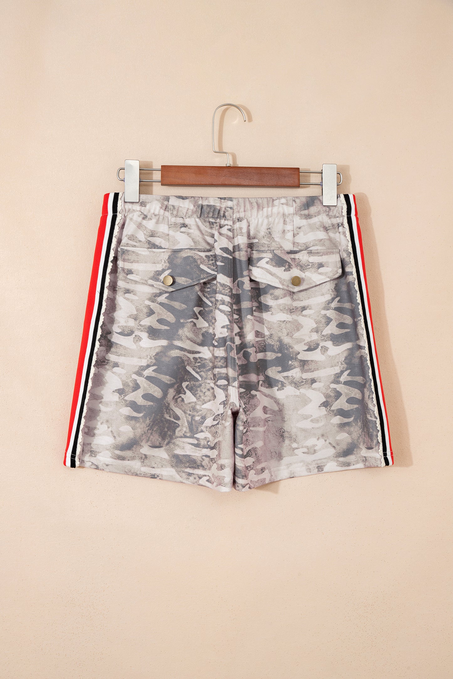 Khaki Varsity Striped Accent Camo Shorts-Bottoms/Casual Shorts-[Adult]-[Female]-2022 Online Blue Zone Planet