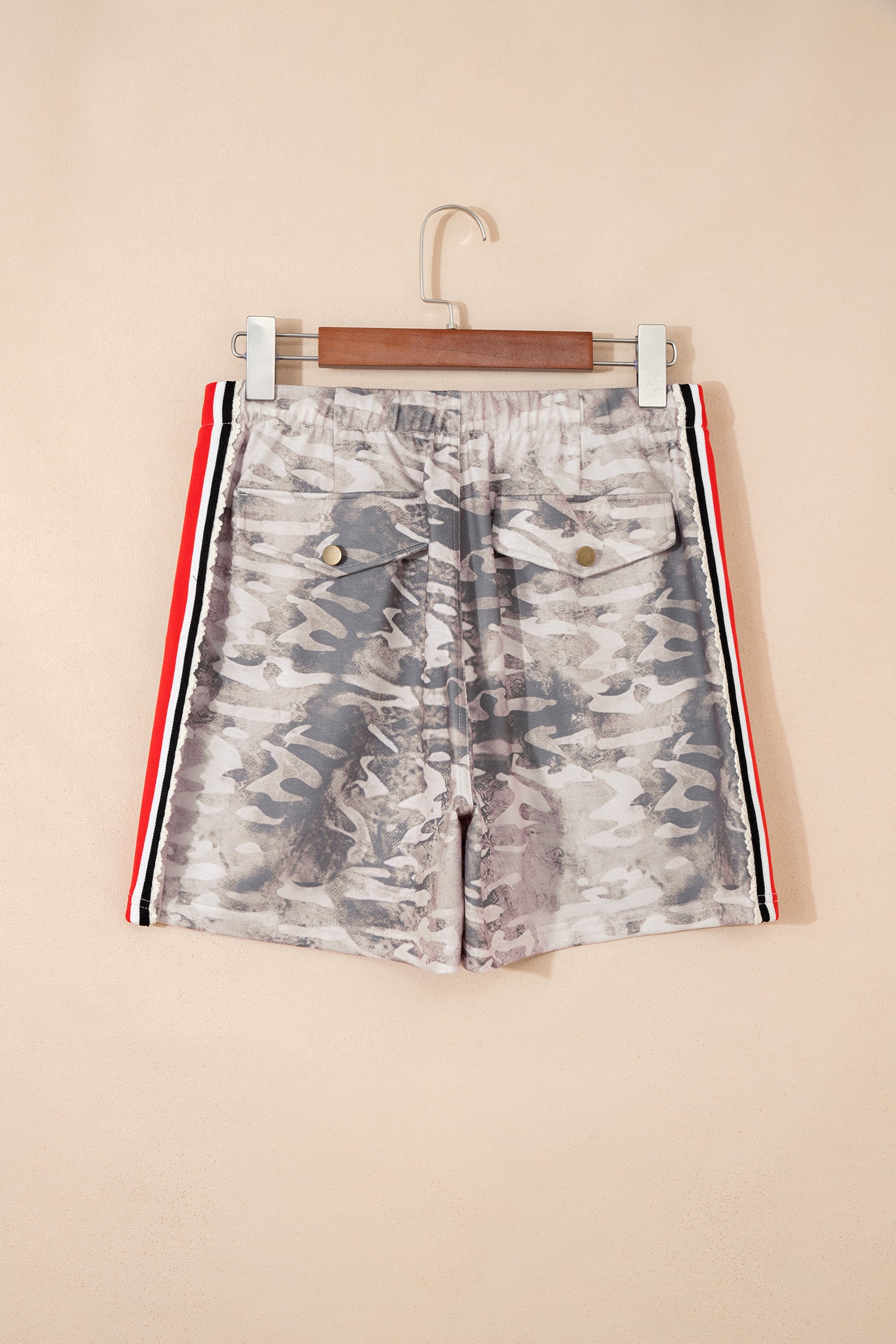Khaki Varsity Striped Accent Camo Shorts-Bottoms/Casual Shorts-[Adult]-[Female]-2022 Online Blue Zone Planet