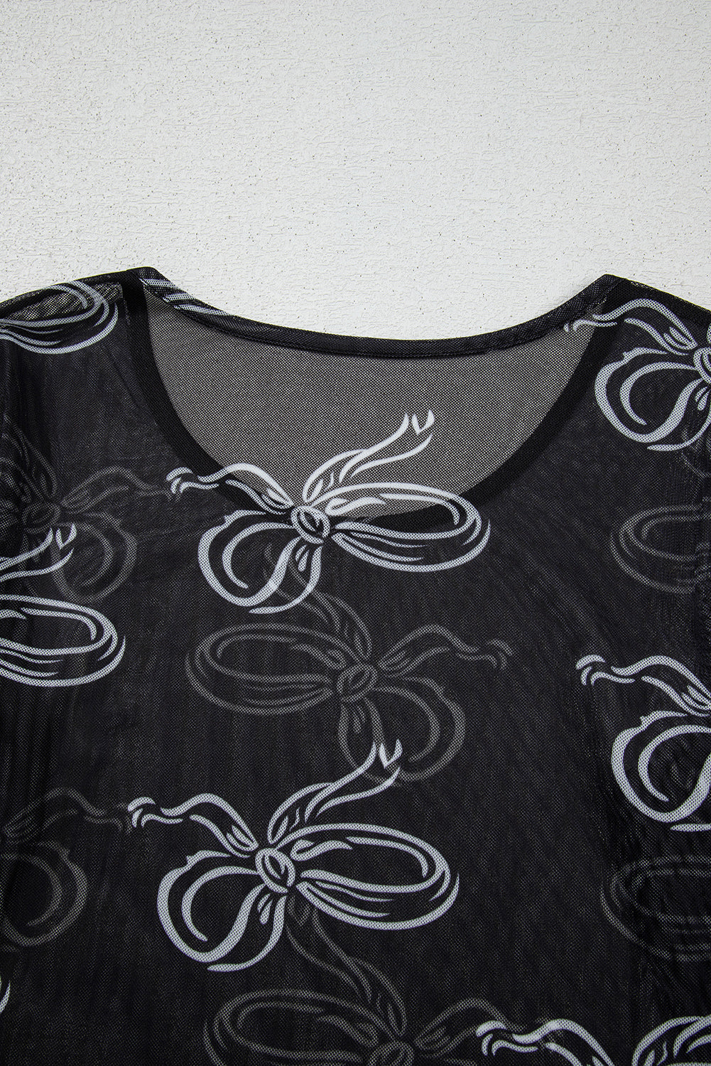 Black Round Neck Bow Print Long Sleeve Mesh Top-Tops/Long Sleeve Tops-[Adult]-[Female]-2022 Online Blue Zone Planet