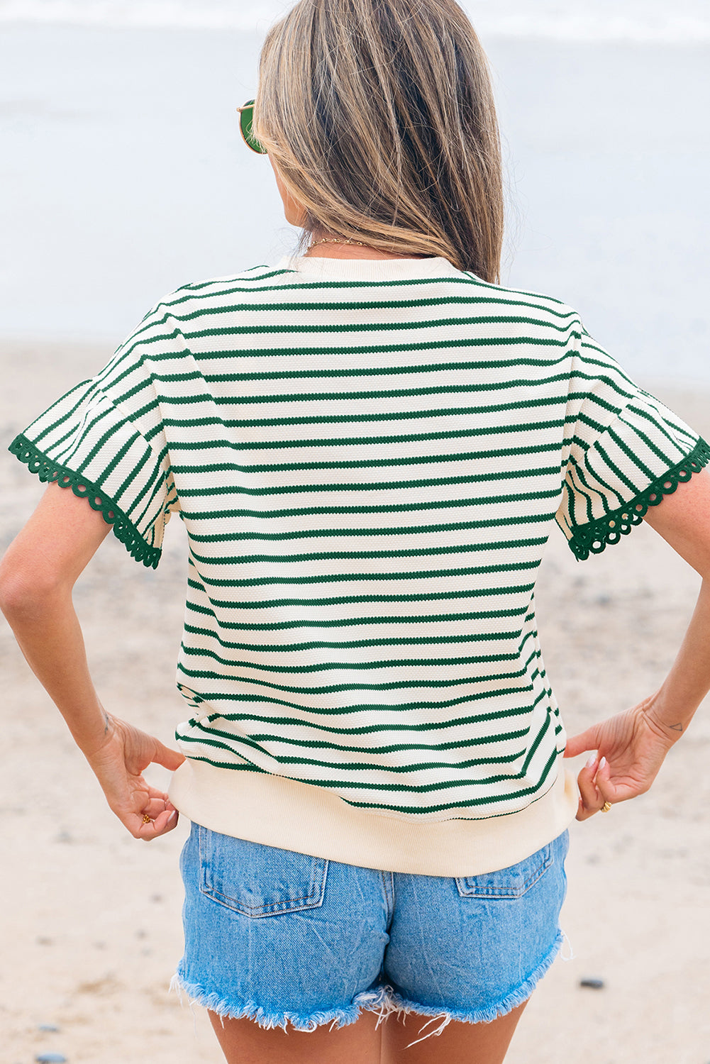 Green Stripe Scallop Lace Trim Ruffle Short Sleeves Crewneck Top-Tops/Blouses & Shirts-[Adult]-[Female]-2022 Online Blue Zone Planet