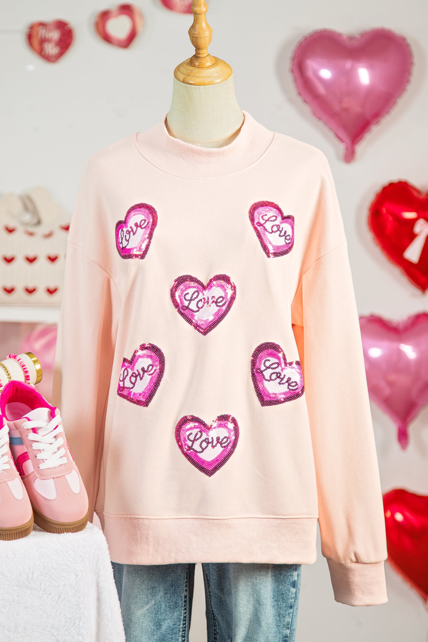 Apricot Pink Sequin Love Heart Patched Mock Neck Sweatshirt-Graphic Sweatshirts-[Adult]-[Female]-2022 Online Blue Zone Planet