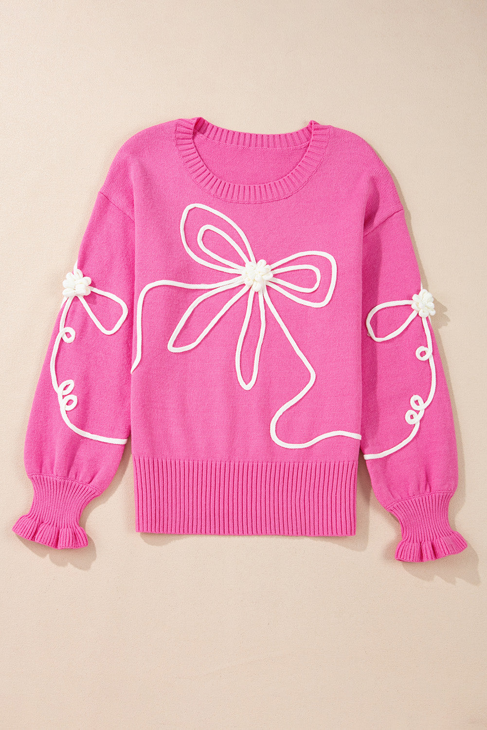 Blue Zone Planet | Bright Pink Sweet Bow Pattern Drop Sleeve Knit Sweater-Sweaters-[Adult]-[Female]-2022 Online Blue Zone Planet