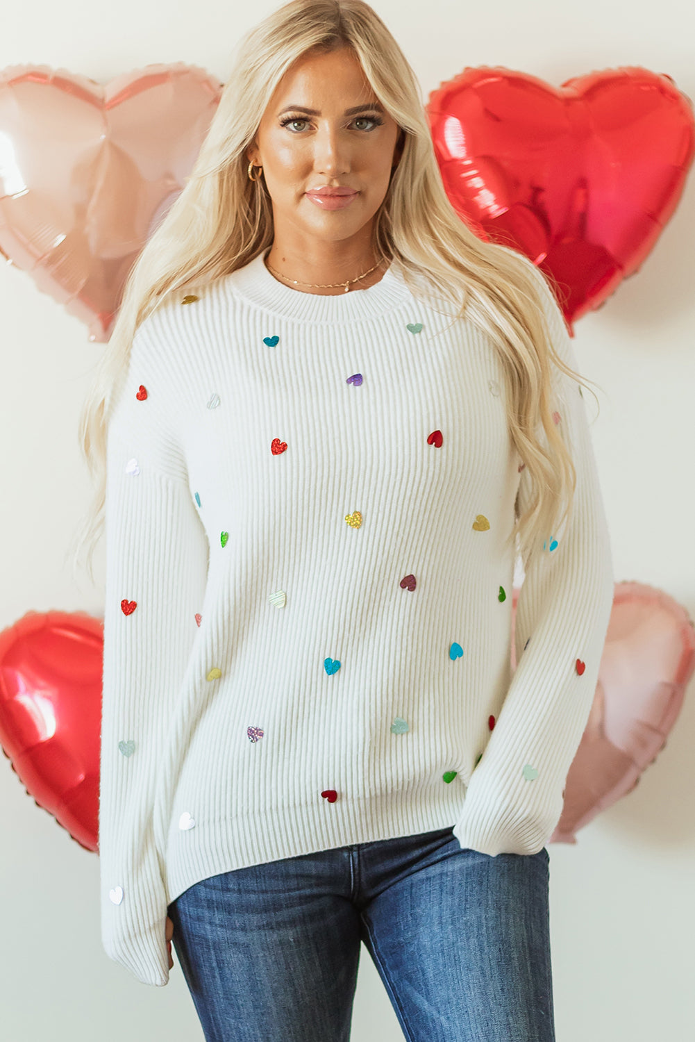 Blue Zone Planet | Beige Sequin Heart Shape Waffle Knit Round Neck Sweater-Sweaters & Cardigans/Sweaters-[Adult]-[Female]-2022 Online Blue Zone Planet