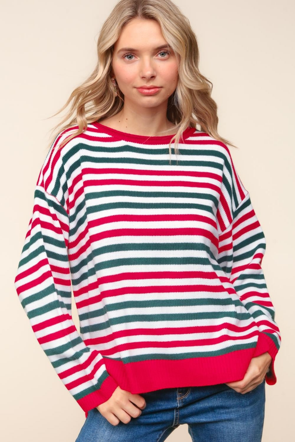 Blue Zone Planet | Haptics Full Size Striped Contrast Side Slit Knit Top-TOPS / DRESSES-[Adult]-[Female]-Red/Hunter Green-S-2022 Online Blue Zone Planet