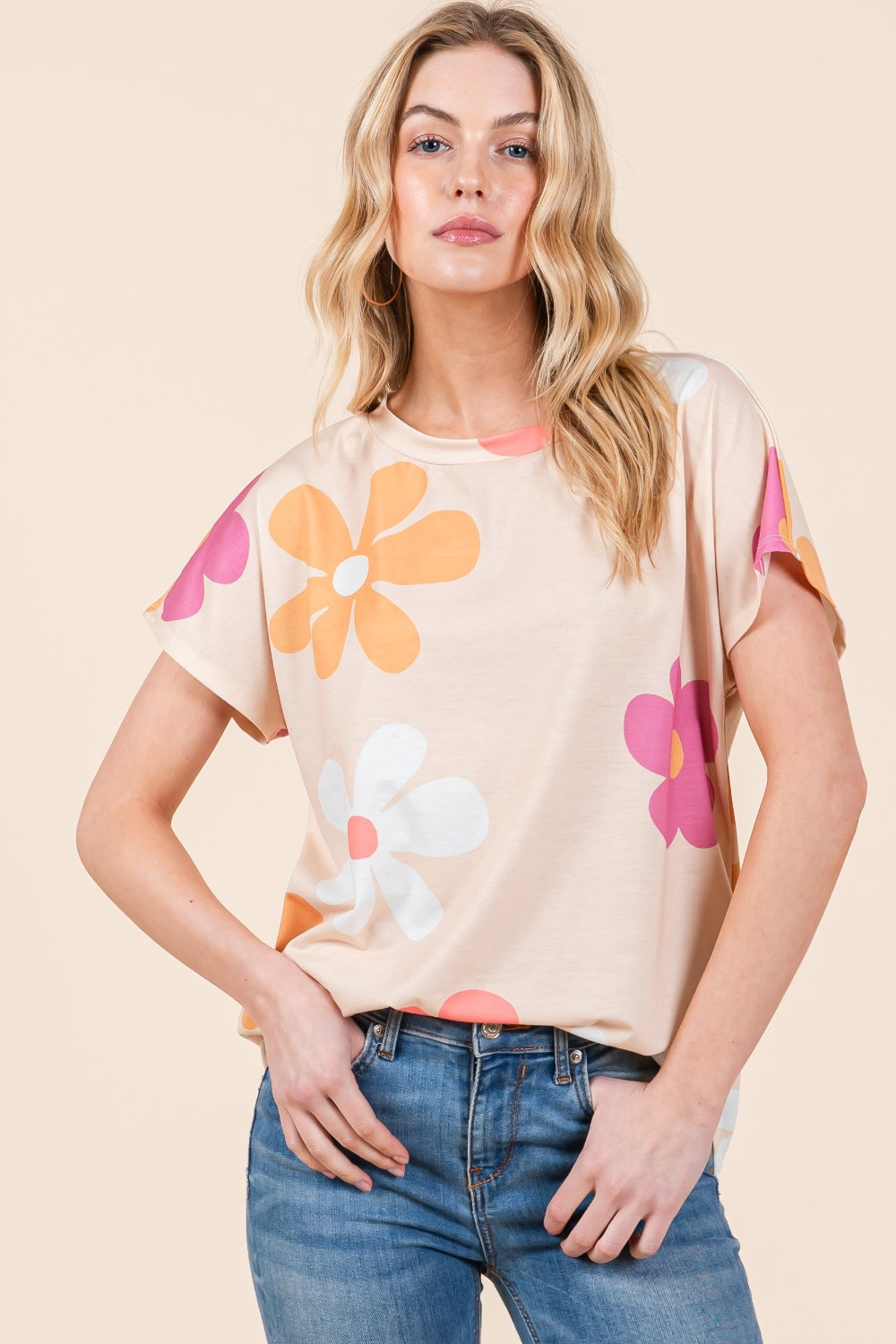 BOMBOM Floral Short Sleeve T-Shirt-TOPS / DRESSES-[Adult]-[Female]-Beige-S-2022 Online Blue Zone Planet