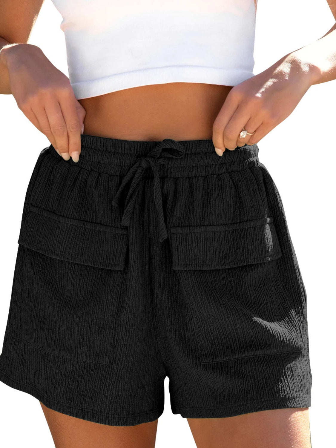 Drawstring High Waist Shorts with Pockets-BOTTOMS SIZES SMALL MEDIUM LARGE-[Adult]-[Female]-2022 Online Blue Zone Planet