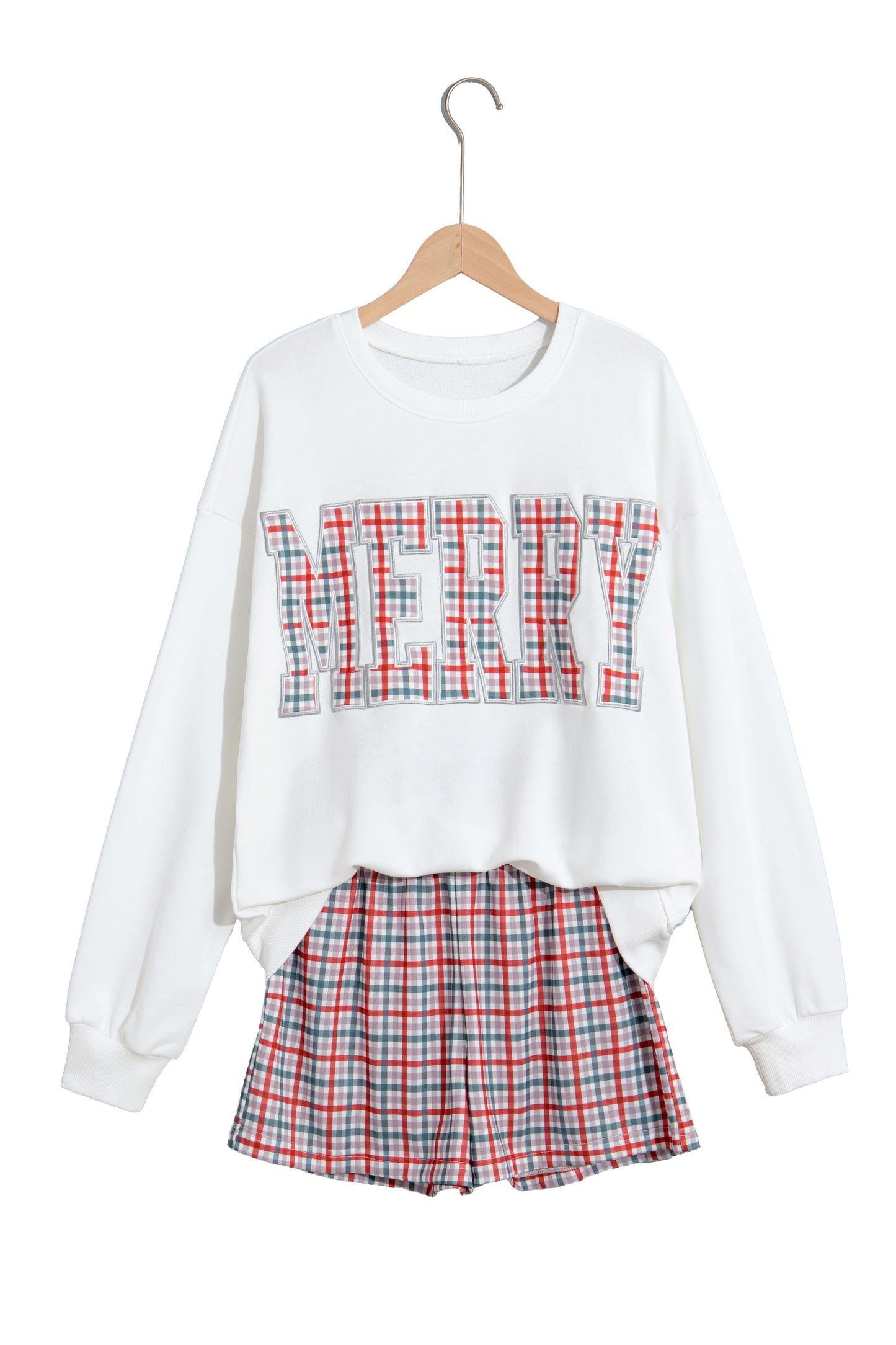 Multicolour Plaid MERRY Holiday Long Sleeve Top and Shorts Set-Two Piece Sets/Short Sets-[Adult]-[Female]-2022 Online Blue Zone Planet