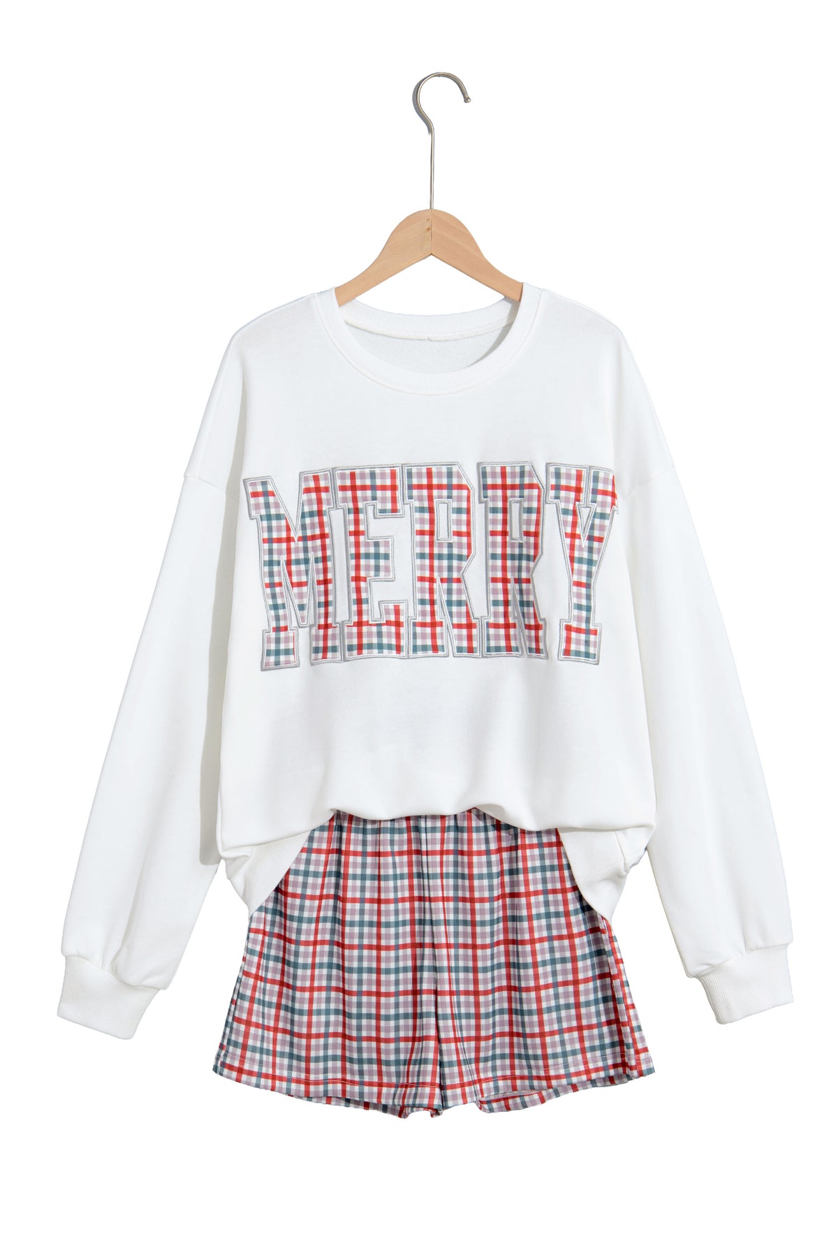 Multicolour Plaid MERRY Holiday Long Sleeve Top and Shorts Set-Two Piece Sets/Short Sets-[Adult]-[Female]-2022 Online Blue Zone Planet