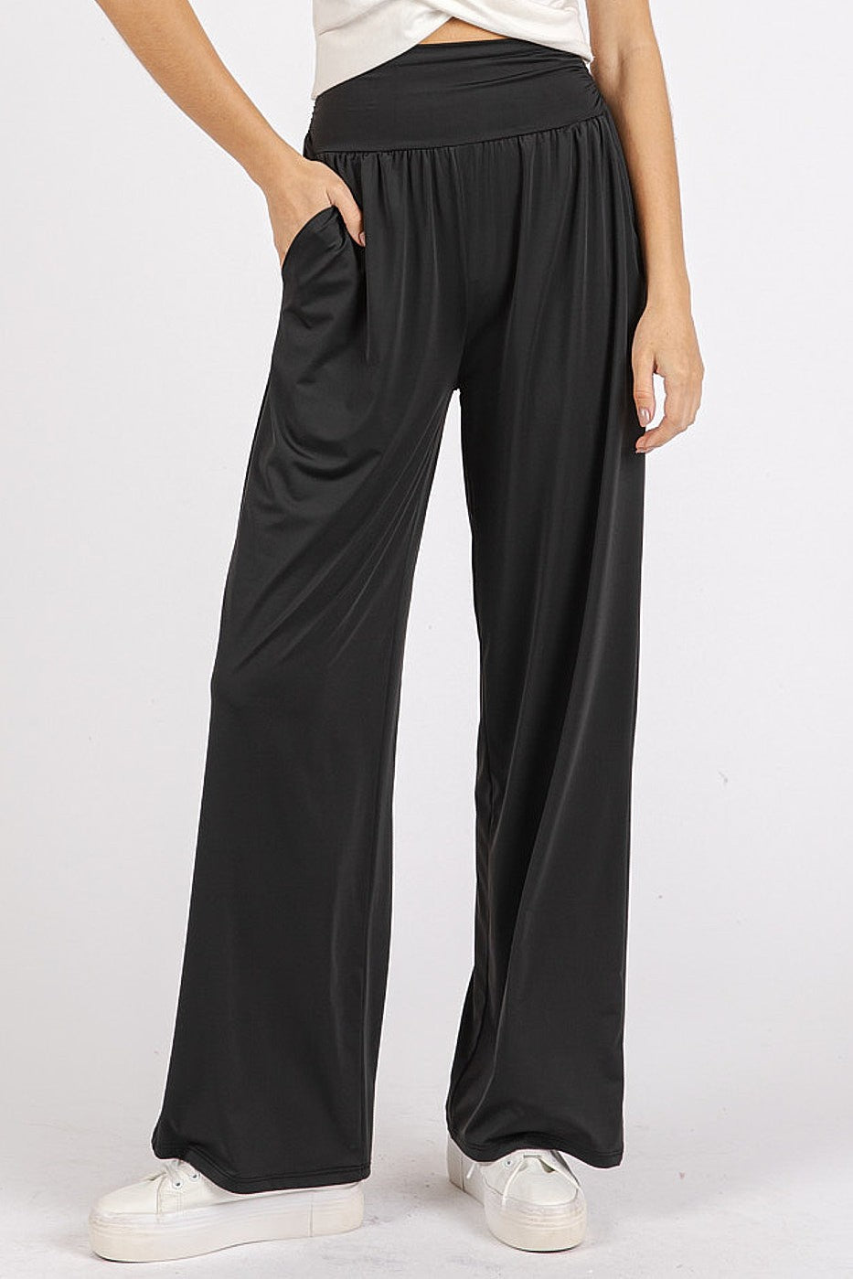 Blue Zone Planet | Mittoshop Stretch Banded Waist Wide Leg Pants with Pockets-BOTTOMS SIZES SMALL MEDIUM LARGE-[Adult]-[Female]-Black-S-2022 Online Blue Zone Planet